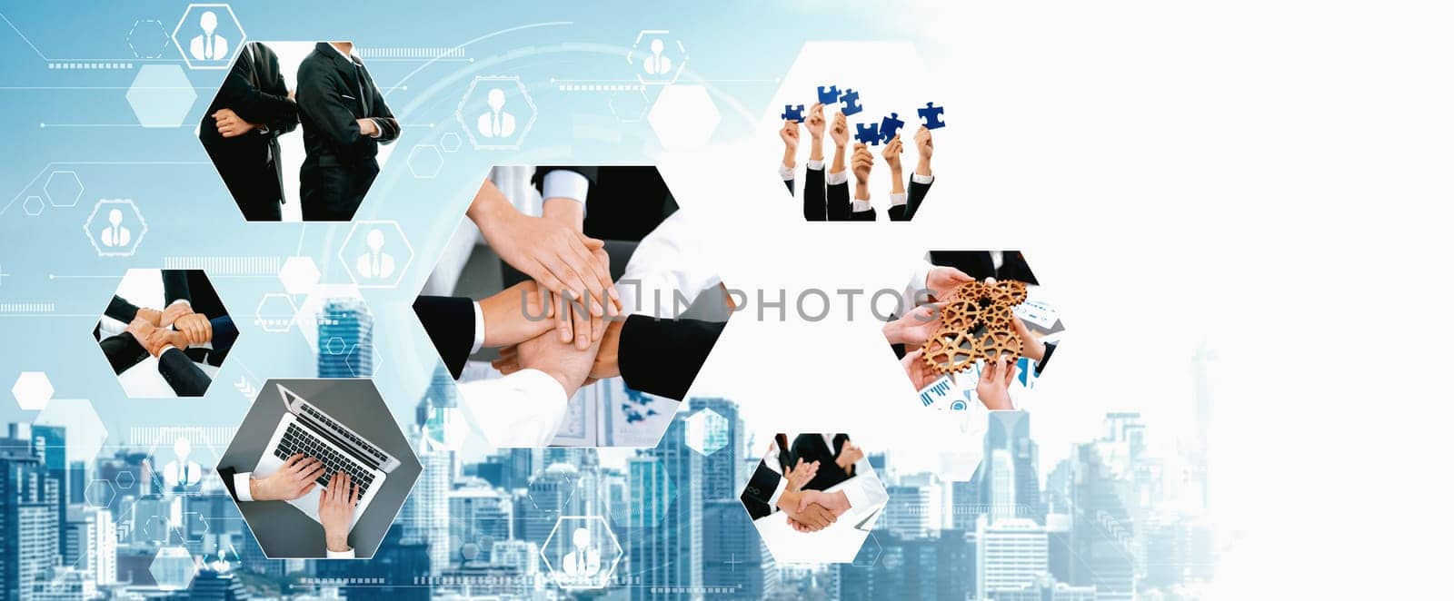 Teamwork and human resources HR management technology concept in corporate business with people group networking to support partnership, trust, teamwork and unity of coworkers in office vexel