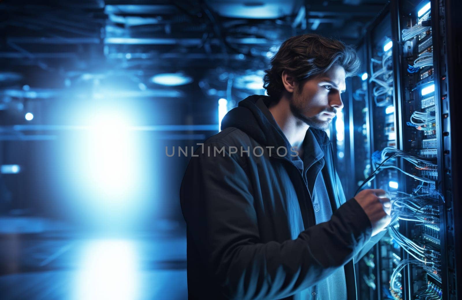 A technician walks through a blue server room, checking on the status of the servers.Generated image by dotshock