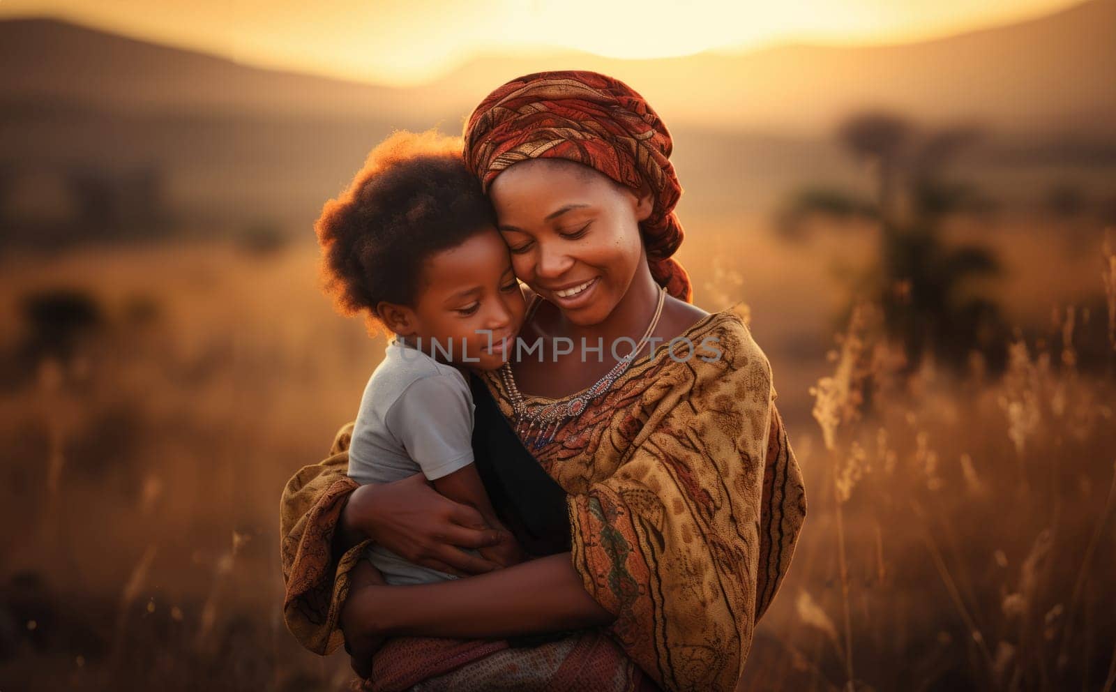 A beautiful celebration of cultural heritage, an African-American mother tenderly embraces her child while adorned in traditional African attire, symbolizing the richness of their shared ancestry and pride.