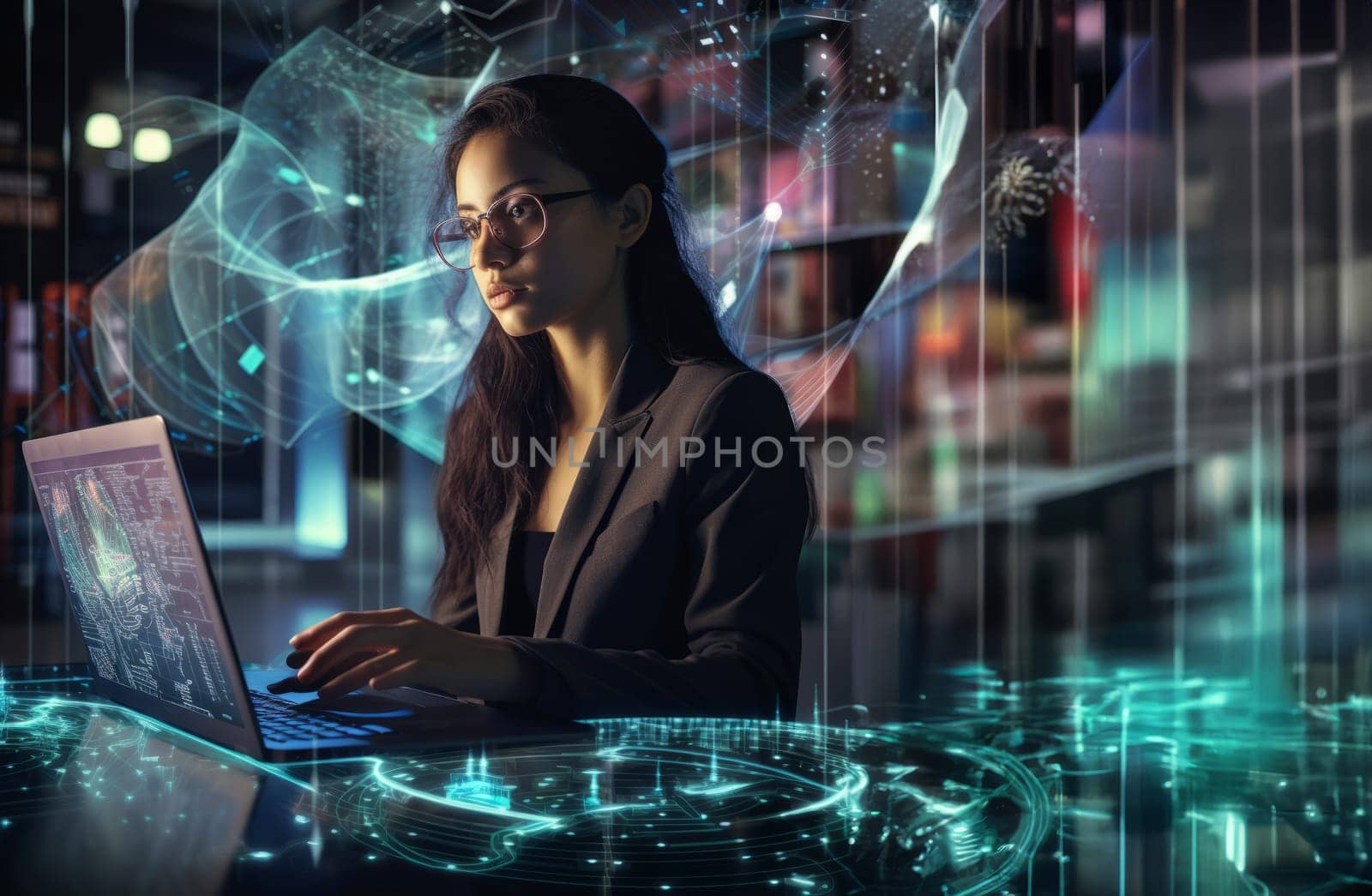 Woman Hacker Surrounded by Symbolic Holographic Technology.Generated image by dotshock
