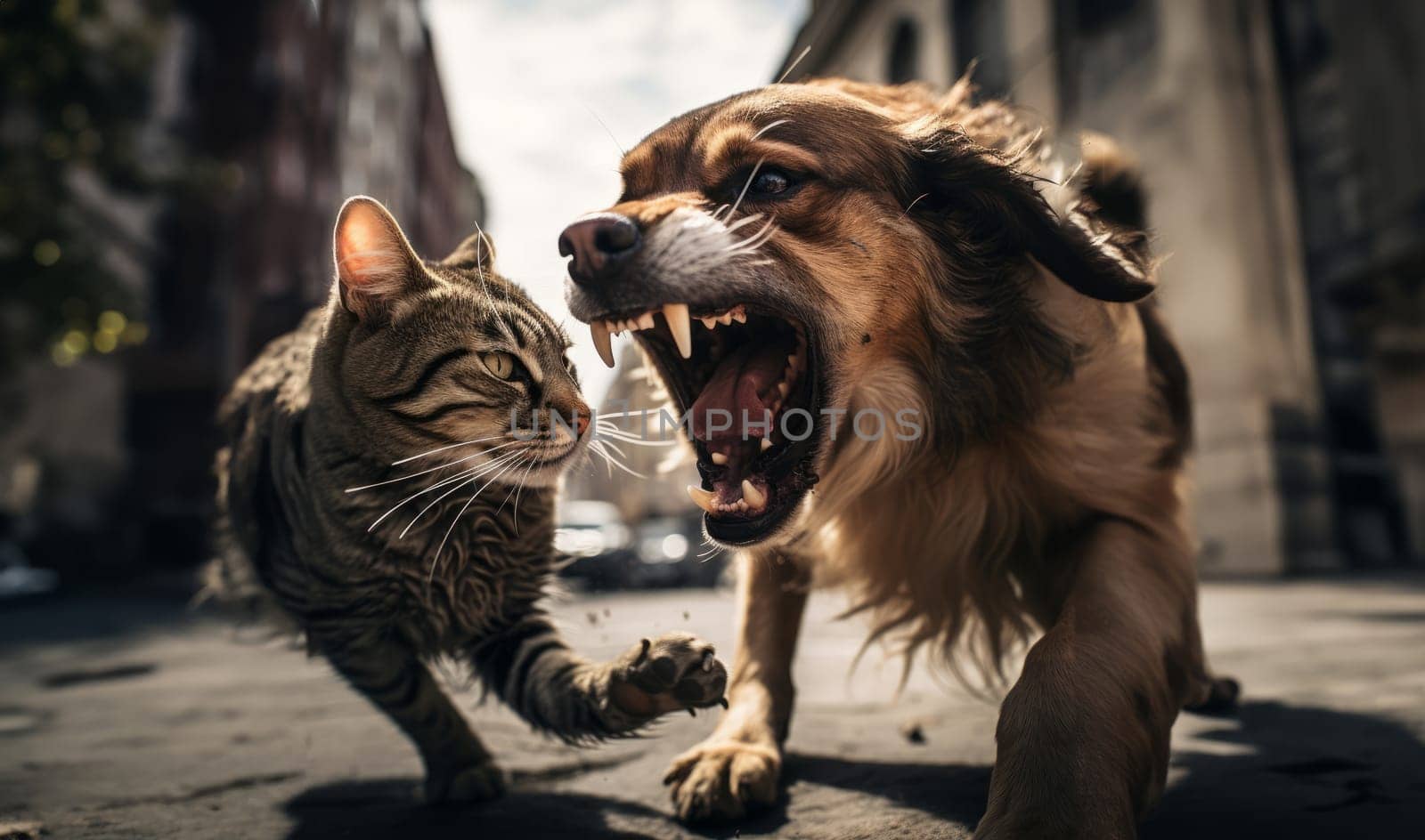 Street Showdown: Intense Encounter Between Cat and Dog Up Close.Generated image by dotshock