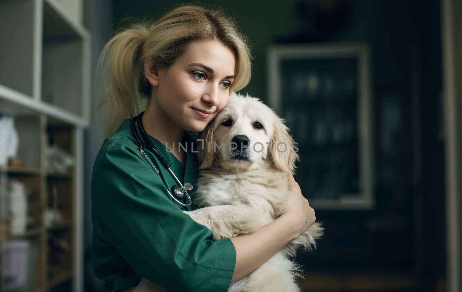 A veterinarian tenderly embraces a dog in a veterinary clinic, demonstrating compassion and care.Generated image by dotshock