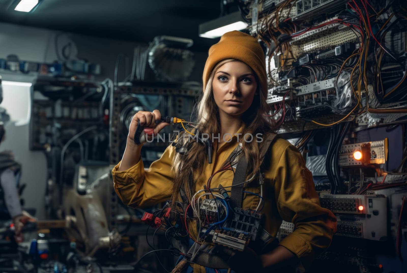 scene of technical expertise, a woman adeptly navigates an electronics service environment, surrounded by modern computers and cables, showcasing her skillful repair and maintenance abilities