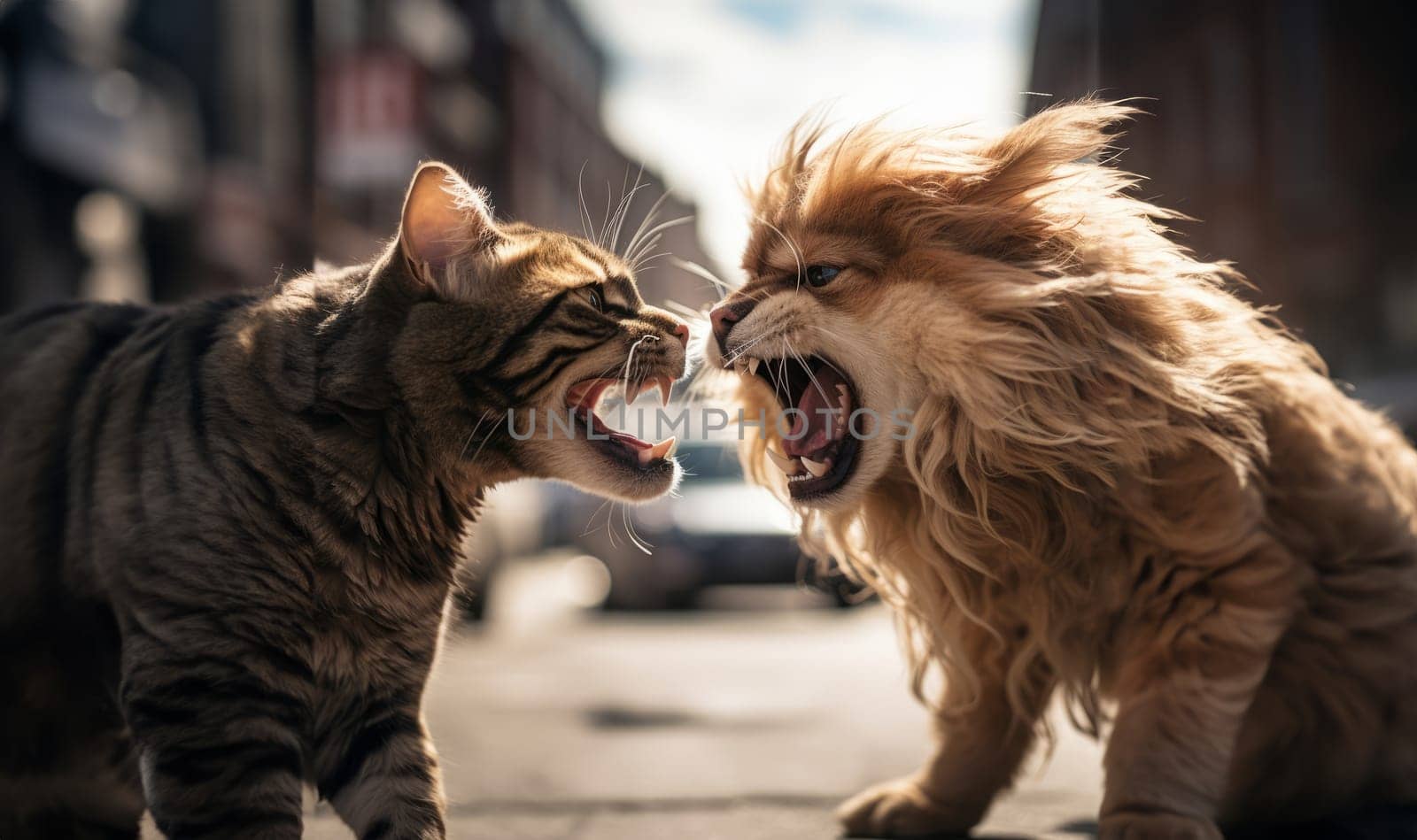 Street Showdown: Intense Encounter Between Cat and Dog Up Close.Generated image by dotshock