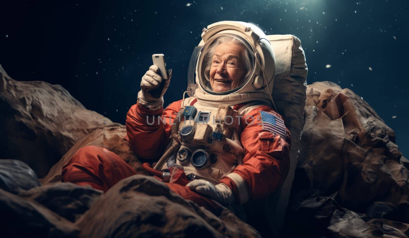 Astronaut Grandmother Uses Phone on the Moon.Generated image by dotshock