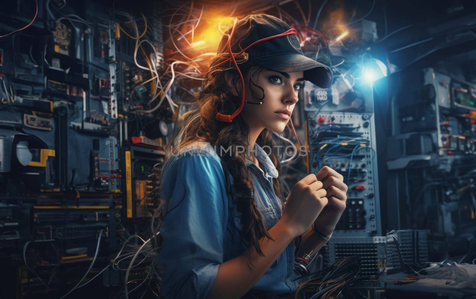 Woman Working in Electronics Service Surrounded by Modern Computers and Cables.Generated image by dotshock