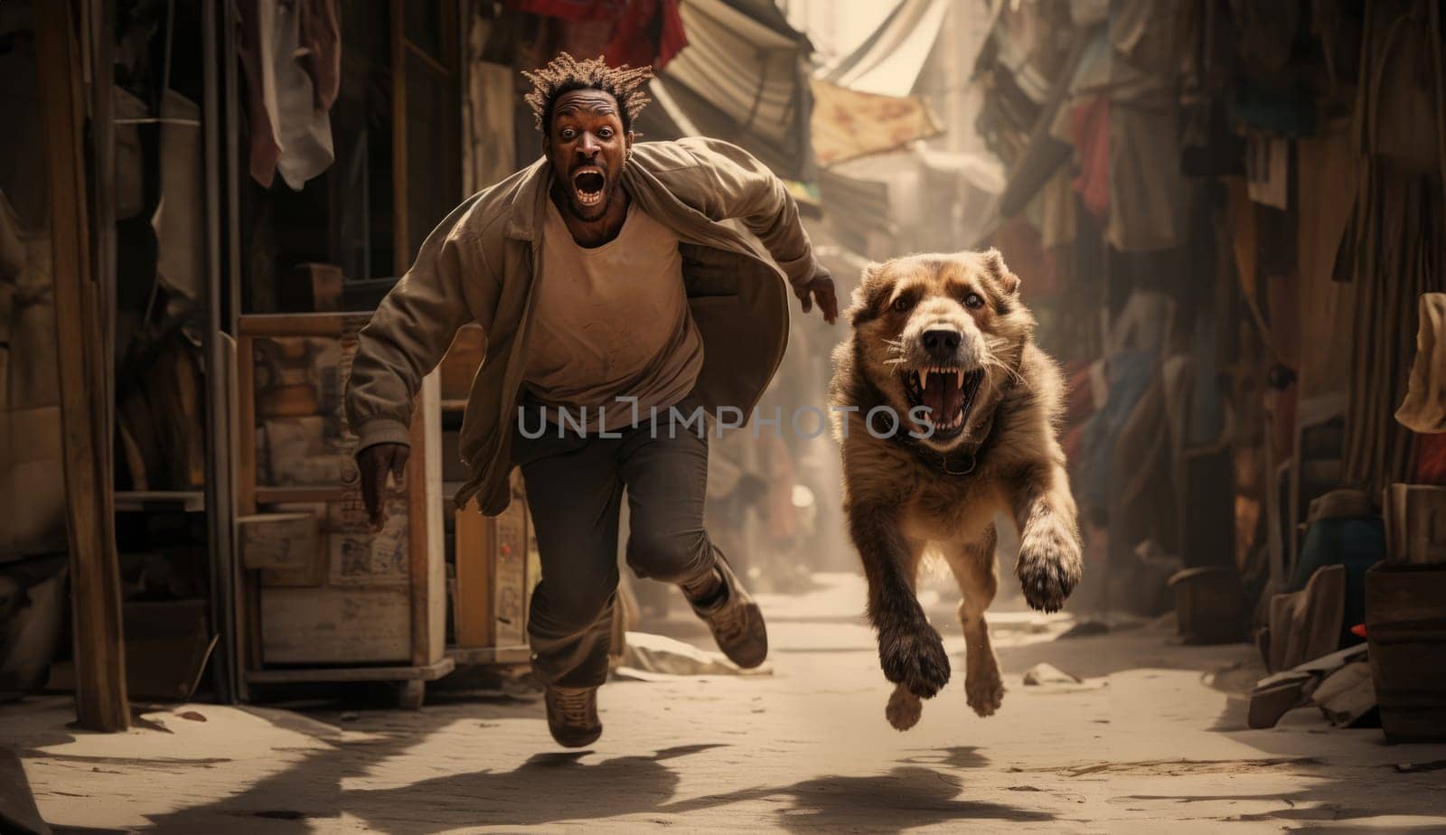 A man and his dog are captured in a dynamic mid-stride, their expressions reflecting the exhilaration of running together.