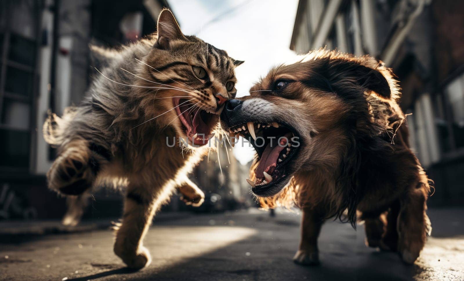 Street Showdown: Intense Encounter Between Cat and Dog Up Close.Generated image by dotshock