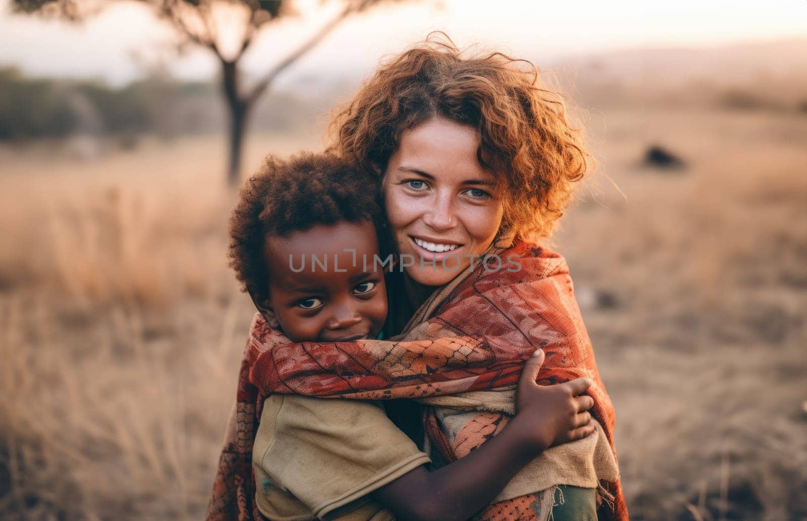 Cross-Cultural Compassion.European Volunteer Embraces African-American Child in African Desert.Generated image by dotshock