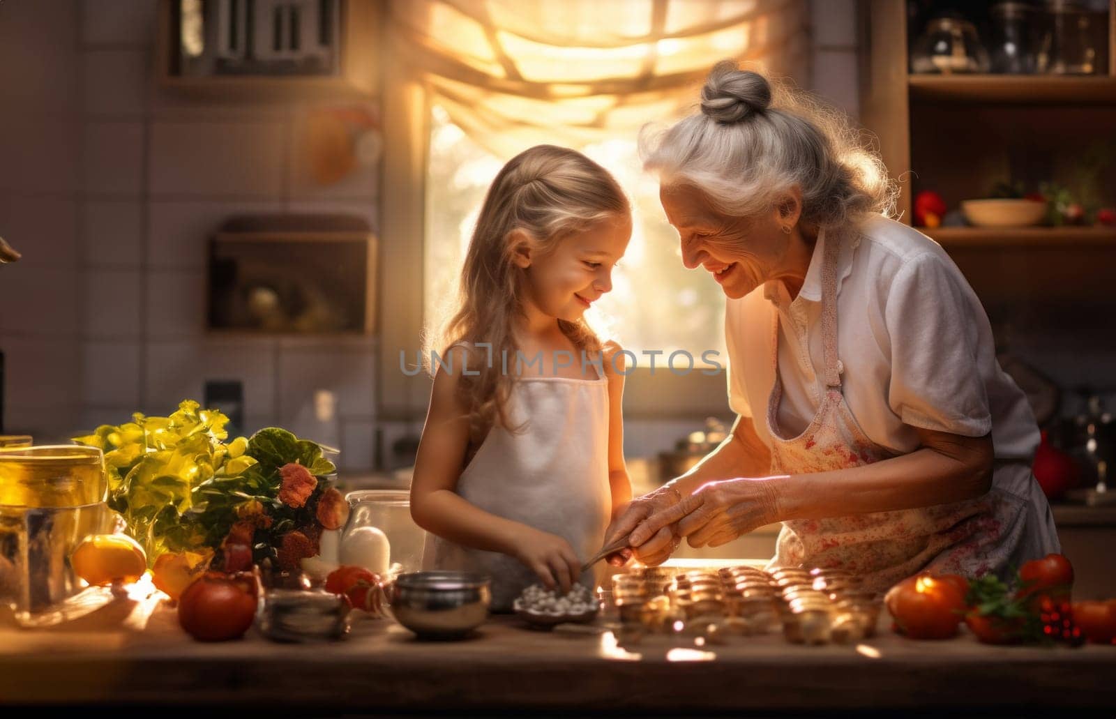 In the cozy warmth of home, a grandmother and her grandchild share a special bond as they cook together, passing on traditions, creating memories, and cherishing each other's company.Generated image by dotshock