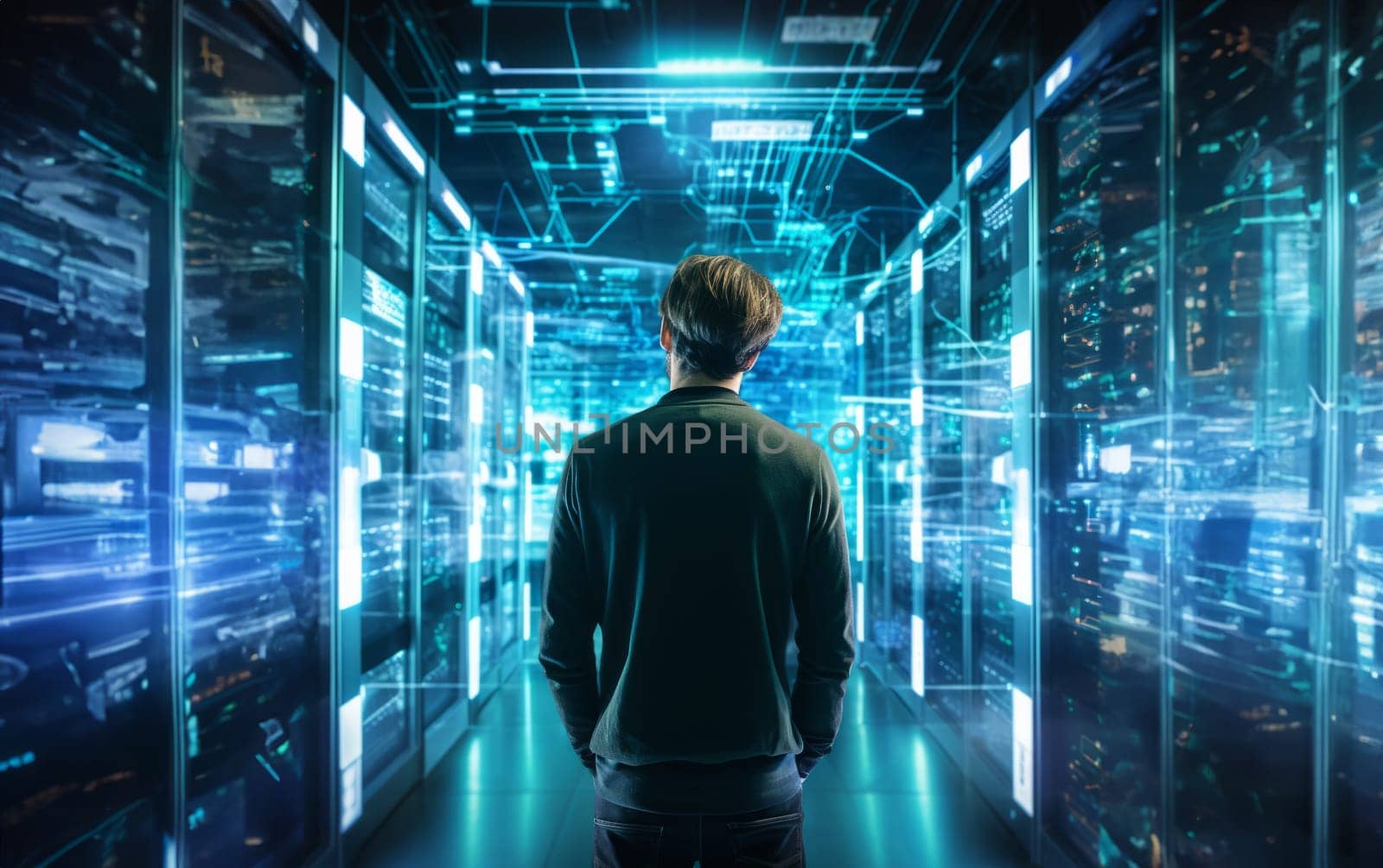 A technician walks through a blue server room, checking on the status of the servers.Generated image by dotshock