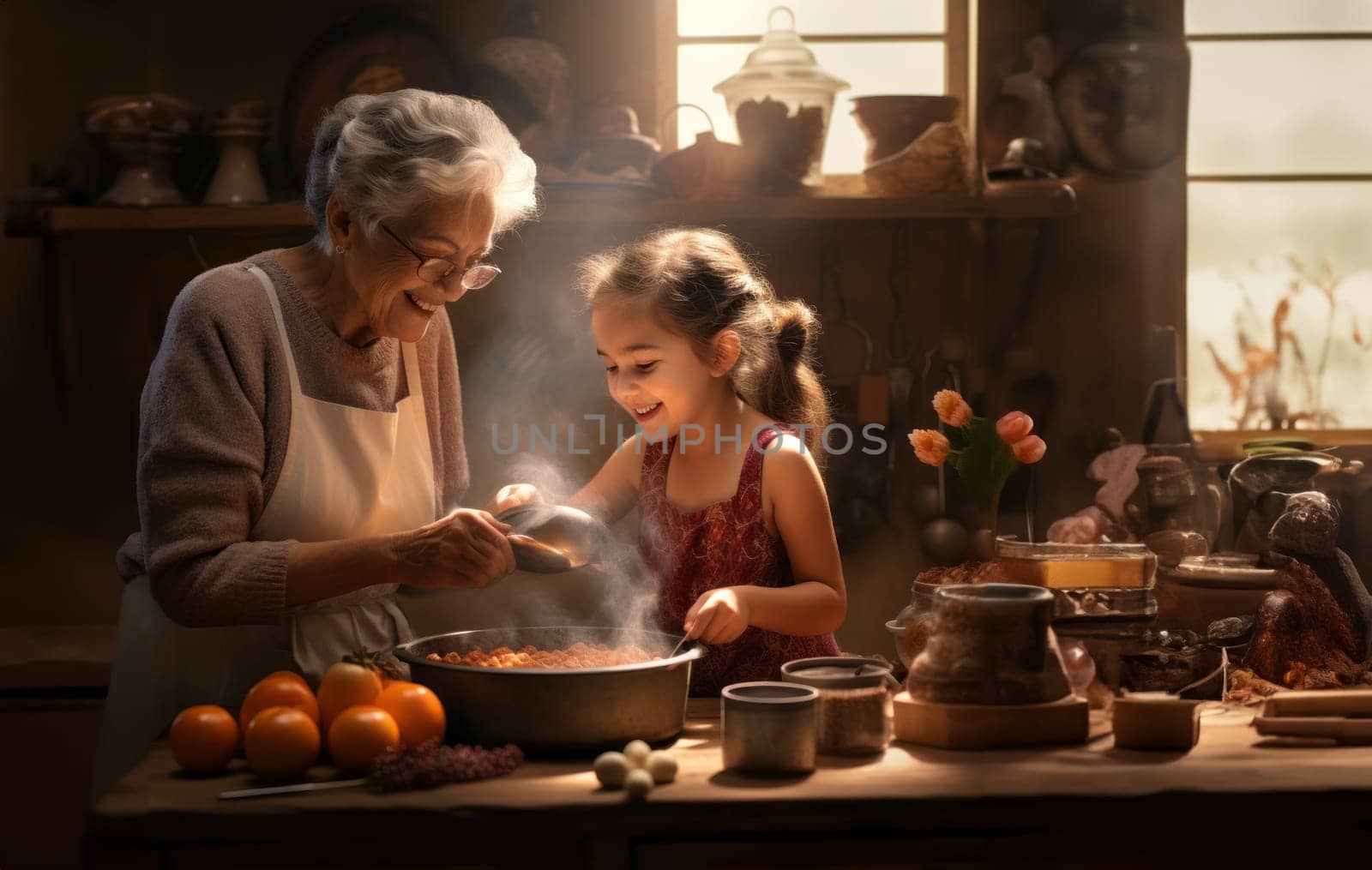 In the cozy warmth of home, a grandmother and her grandchild share a special bond as they cook together, passing on traditions, creating memories, and cherishing each other's company.Generated image by dotshock