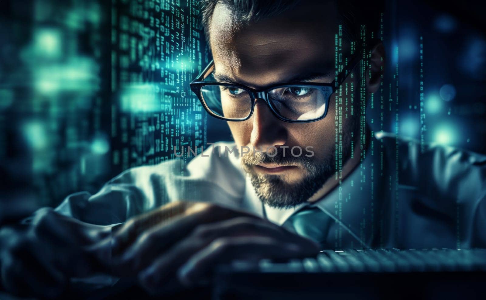 A hacker, surrounded by technological holograms, intensely focuses on coding in a close-up shot, portraying a futuristic cyber atmosphere.Generated image.