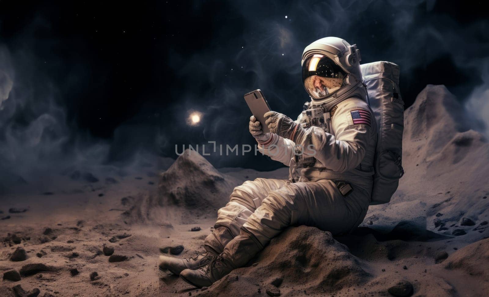 Astronaut Grandmother Uses Phone on the Moon.Generated image by dotshock