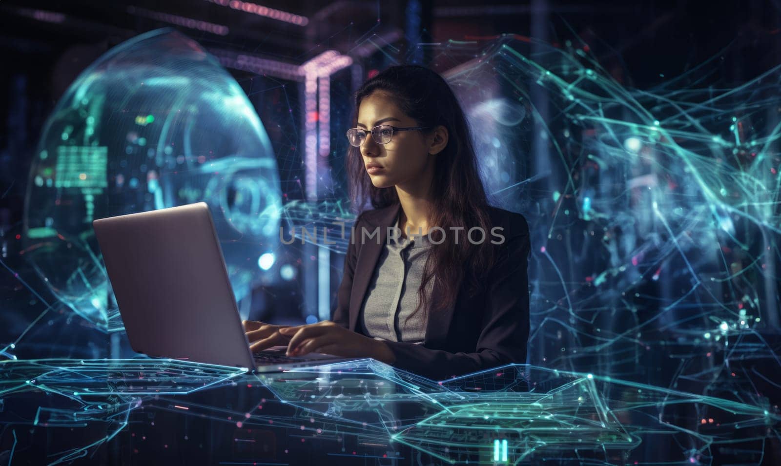 A futuristic scene of cyber exploration, a woman hacker immersed in her work, surrounded by symbolic holographic technology, delves into the digital realm with skill and determination