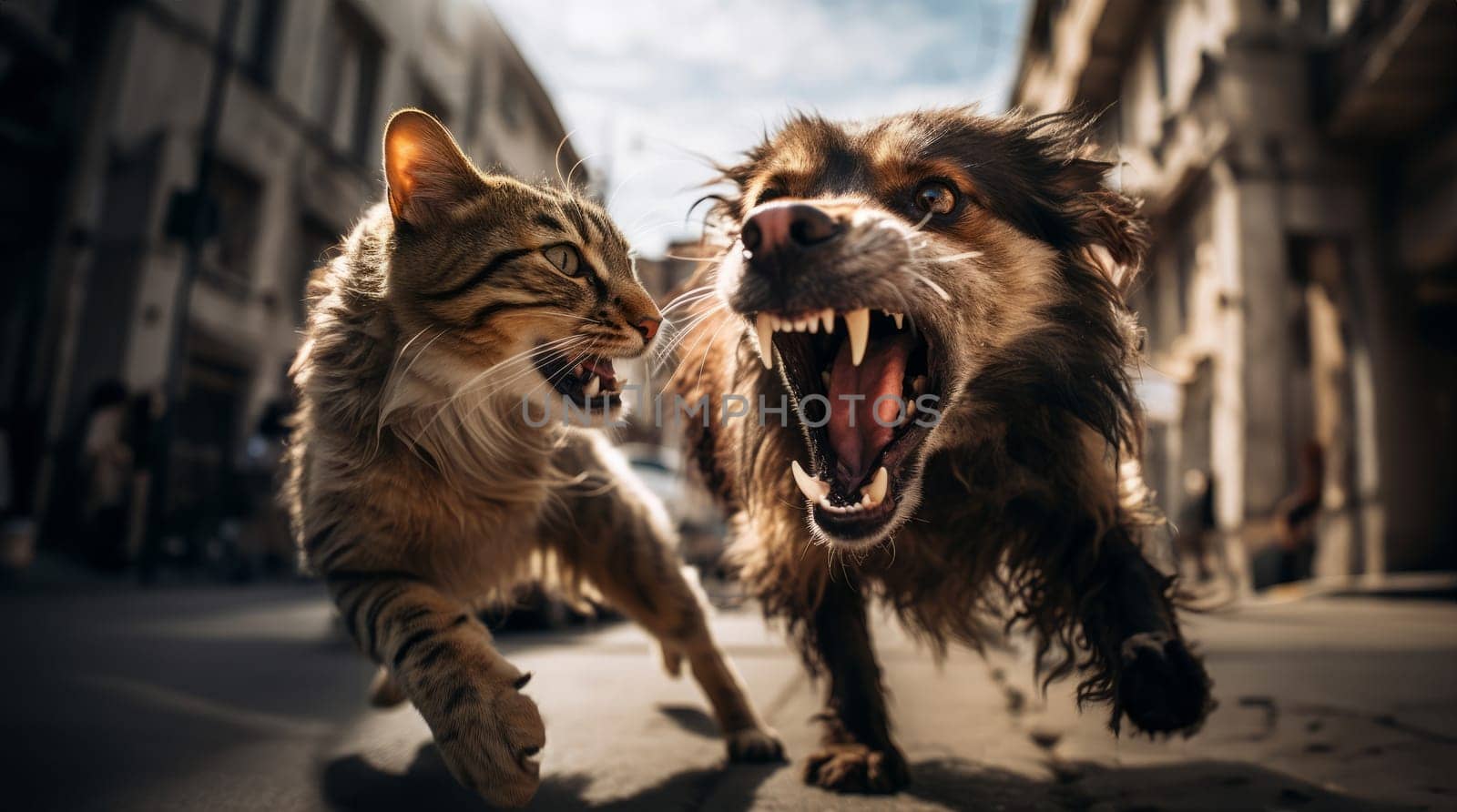 Street Showdown: Intense Encounter Between Cat and Dog Up Close.Generated image by dotshock