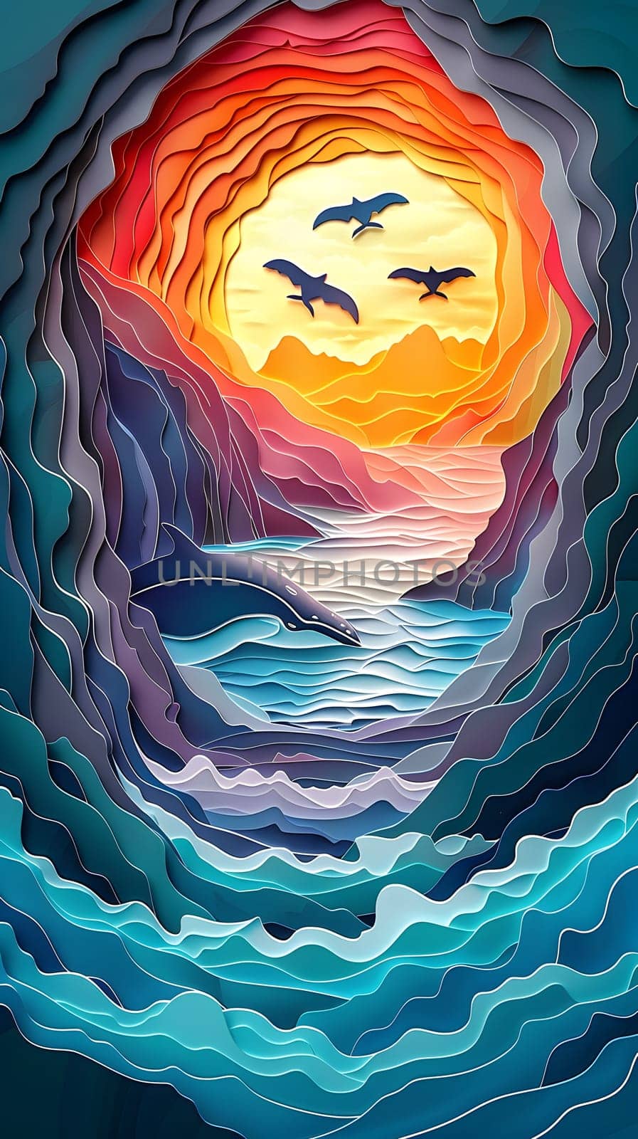Art painting of birds flying over purple water at sunset by Nadtochiy