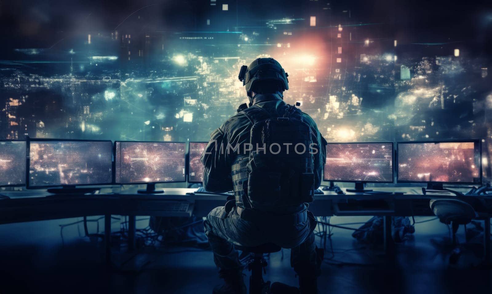 Techno-Warfare Professional Soldier Engaged with Combat Holograms on Computer.Generated image by dotshock