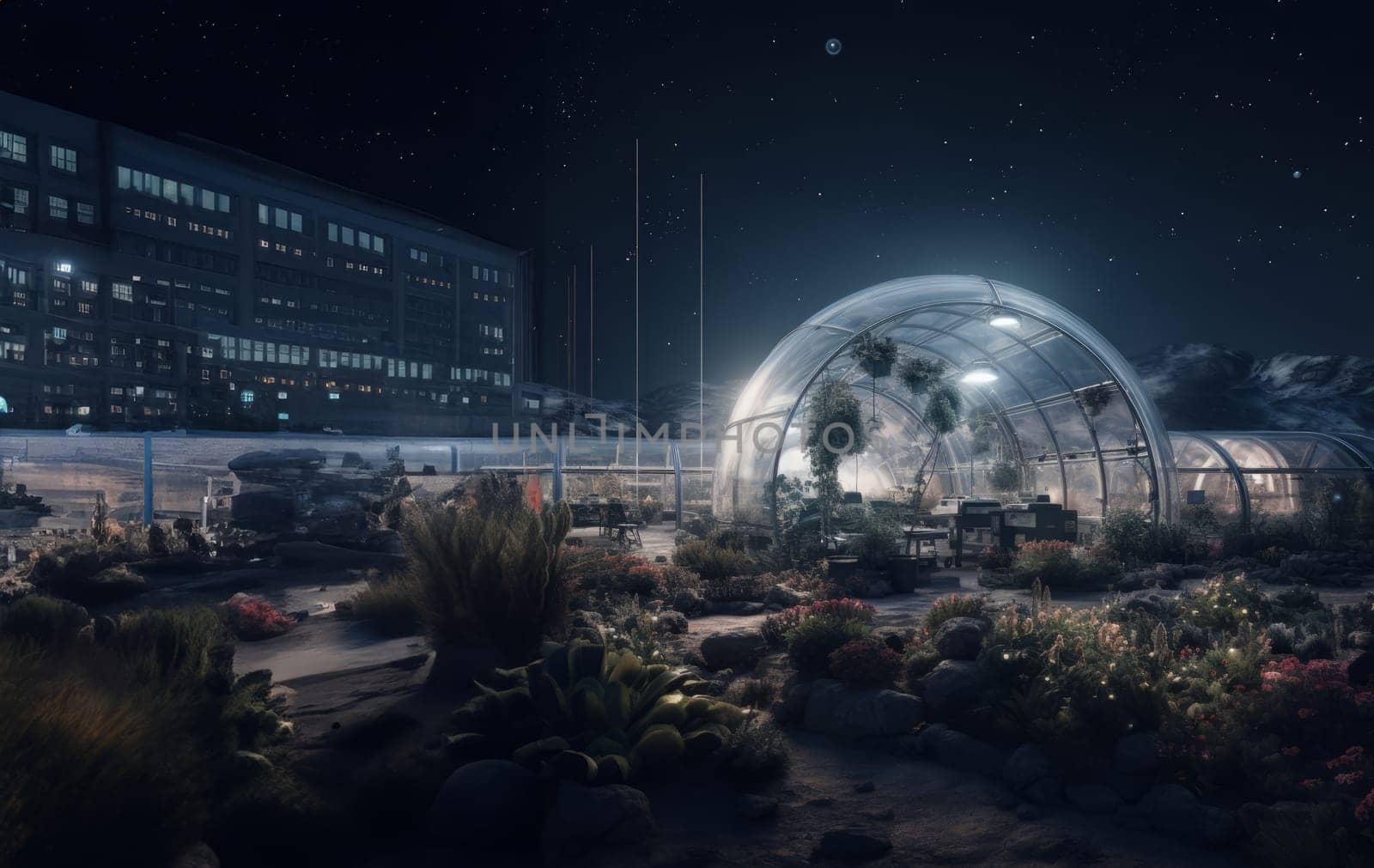 Earth Plants Thrive in Lunar Greenhouse.Generated image by dotshock