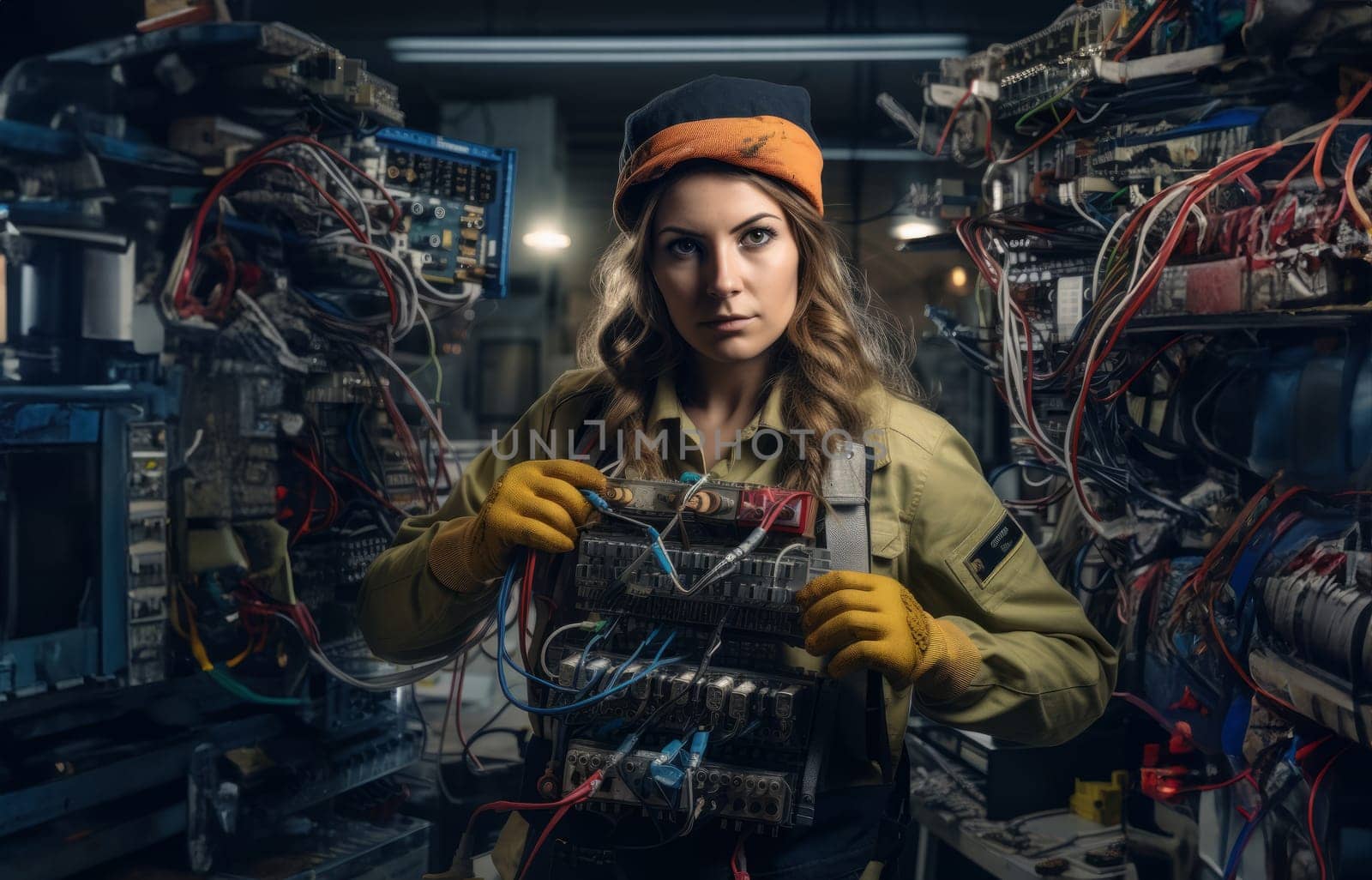Woman Working in Electronics Service Surrounded by Modern Computers and Cables.Generated image by dotshock