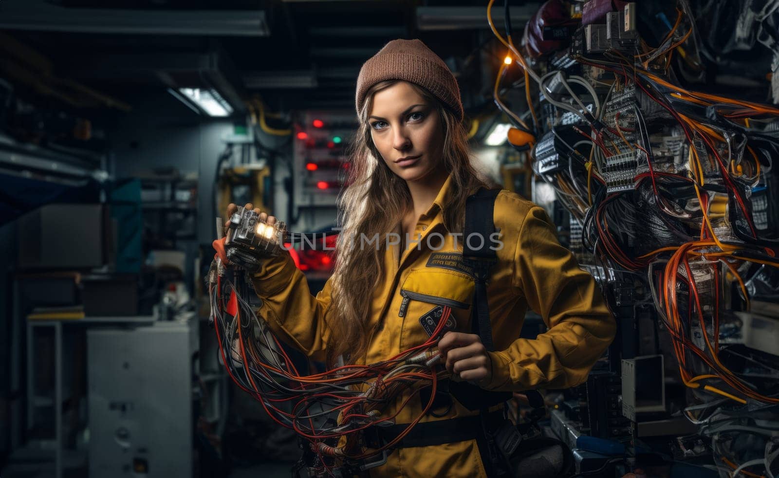 scene of technical expertise, a woman adeptly navigates an electronics service environment, surrounded by modern computers and cables, showcasing her skillful repair and maintenance abilities