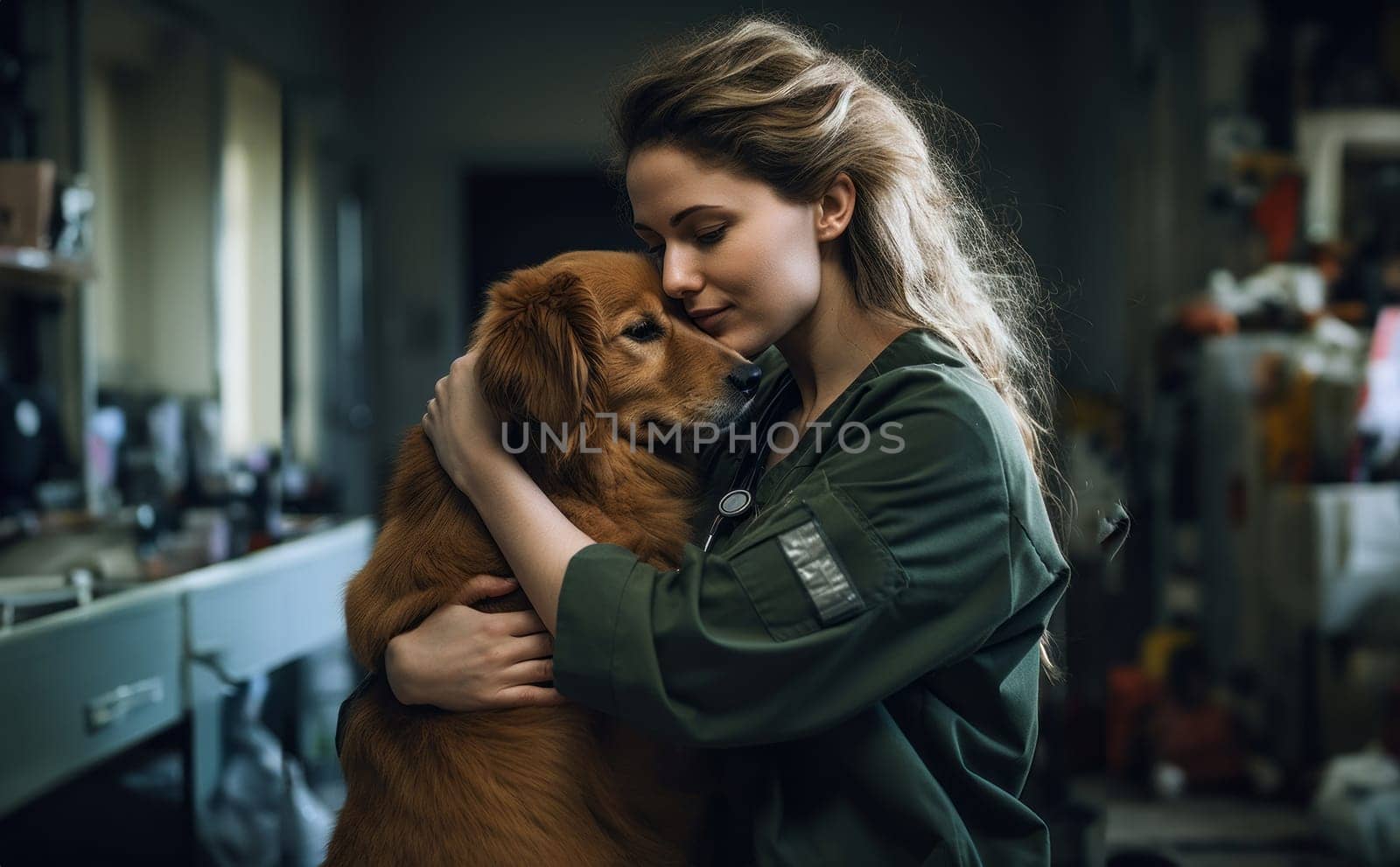 A veterinarian tenderly embraces a dog in a veterinary clinic, demonstrating compassion and care.Generated image.