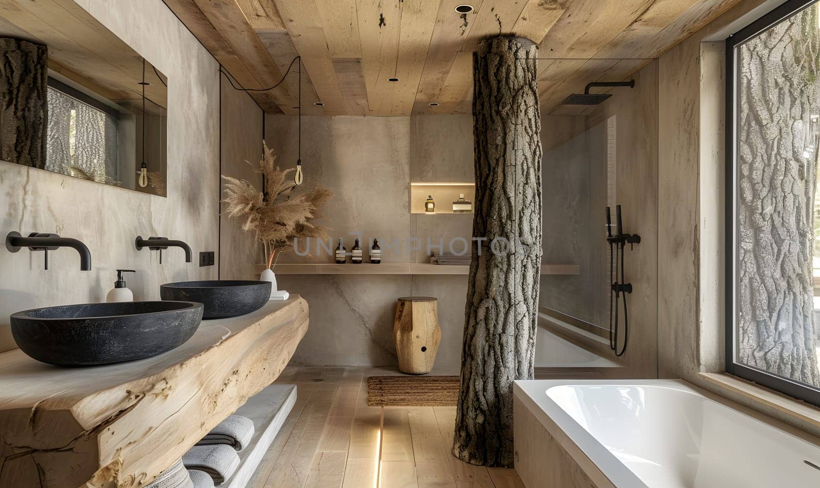 An interior design featuring a bathroom with two sinks, bathtub, wood flooring, and ample lighting from a window. The fixtures complement the overall style of the house