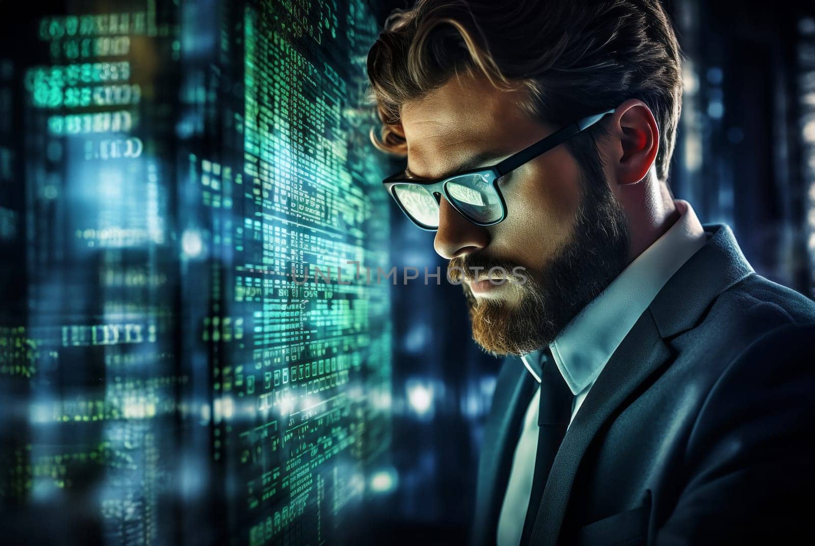 A hacker, surrounded by technological holograms, intensely focuses on coding in a close-up shot, portraying a futuristic cyber atmosphere.Generated image by dotshock