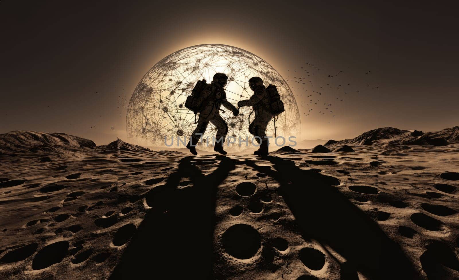 Two astronauts bravely venture into the shadowy realms of the lunar surface, bathed in the ethereal glow of space, as they embark on an exploration of the mysterious and uncharted territories of the moon.