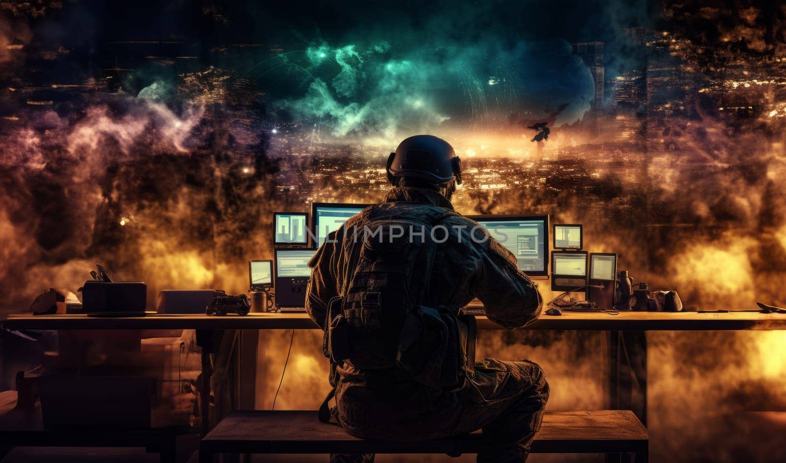 Techno-Warfare Professional Soldier Engaged with Combat Holograms on Computer.Generated image by dotshock