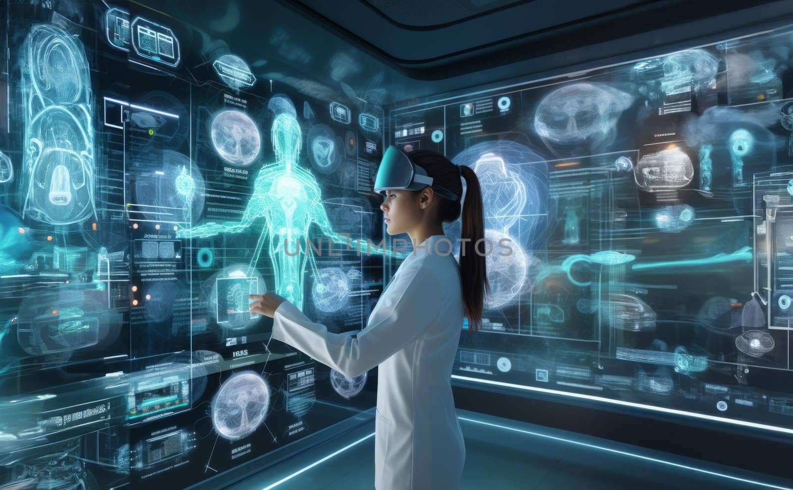 In a modern institute, a doctor conducts intricate research on the human body, surrounded by advanced medical holograms, delving into the complexities of medicine with cutting-edge technology and expertise.