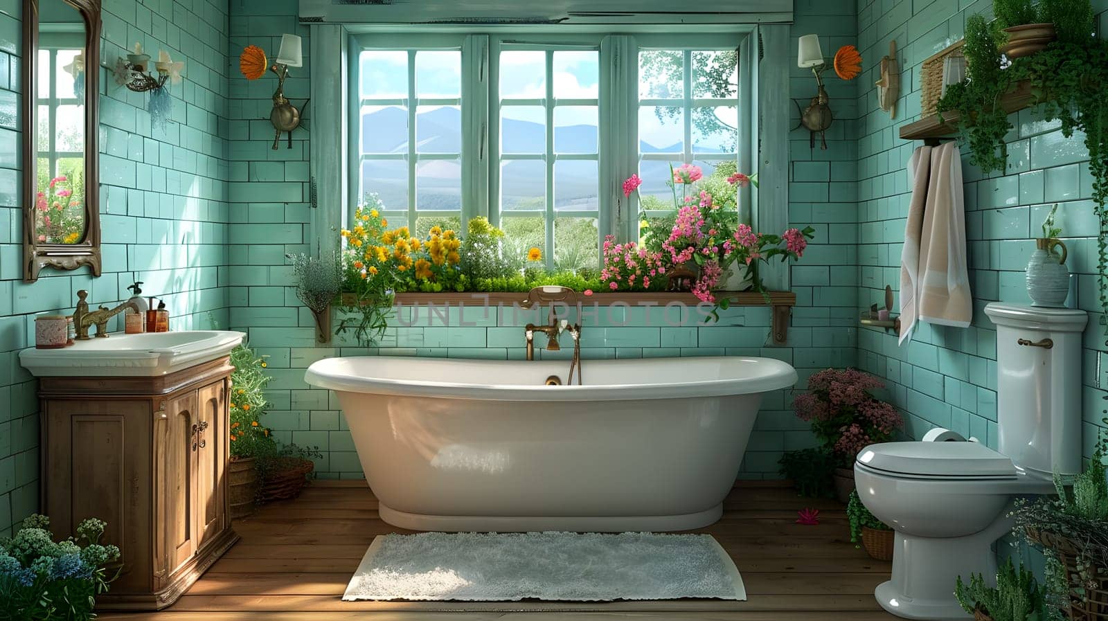 A bathroom in a house with a tub, toilet, sink, and window overlooking a green plant. The interior design features fixtures on the floor