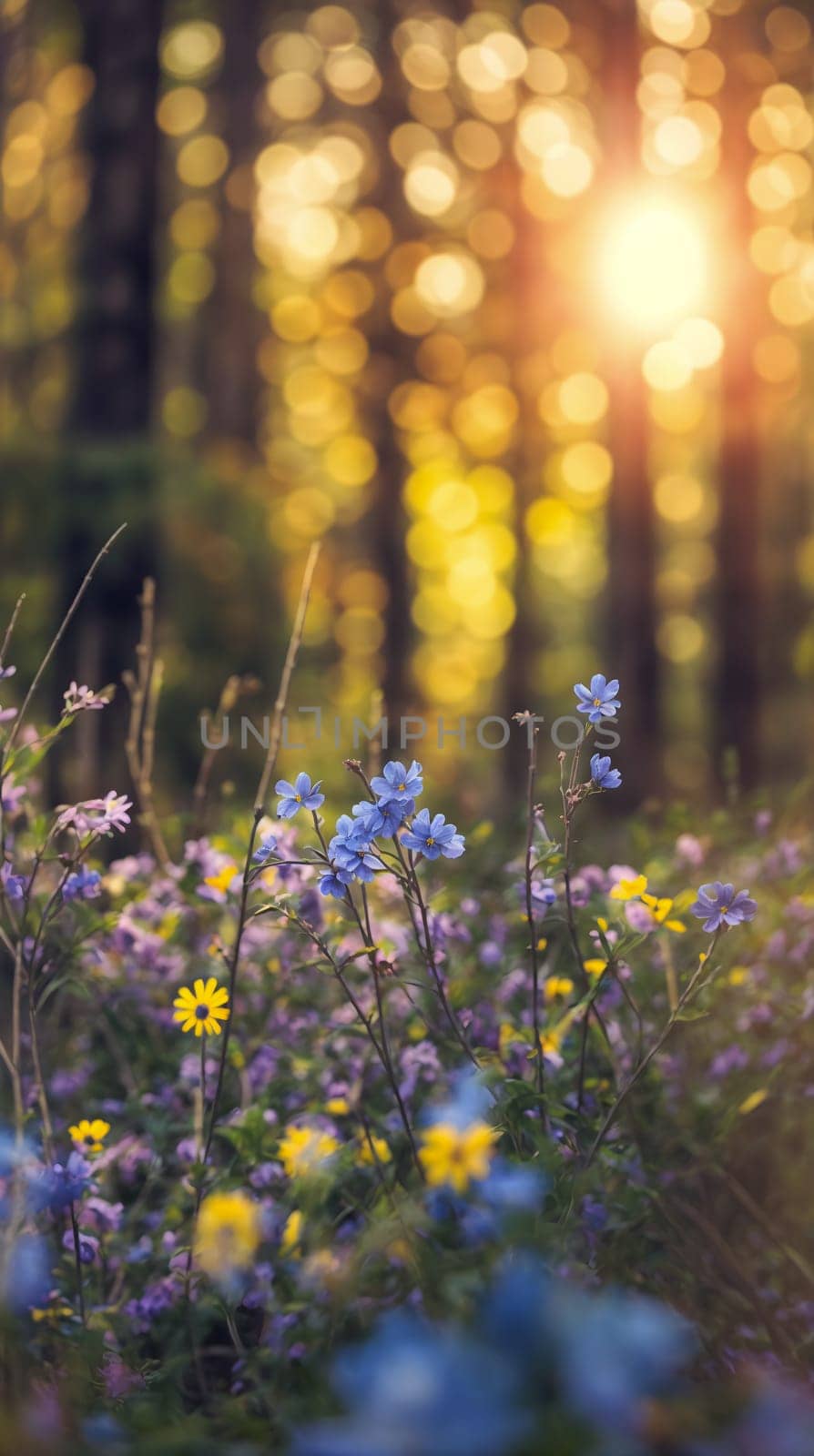 A picturesque field bursting with a profusion of blue and yellow flowers, creating a vibrant scene.