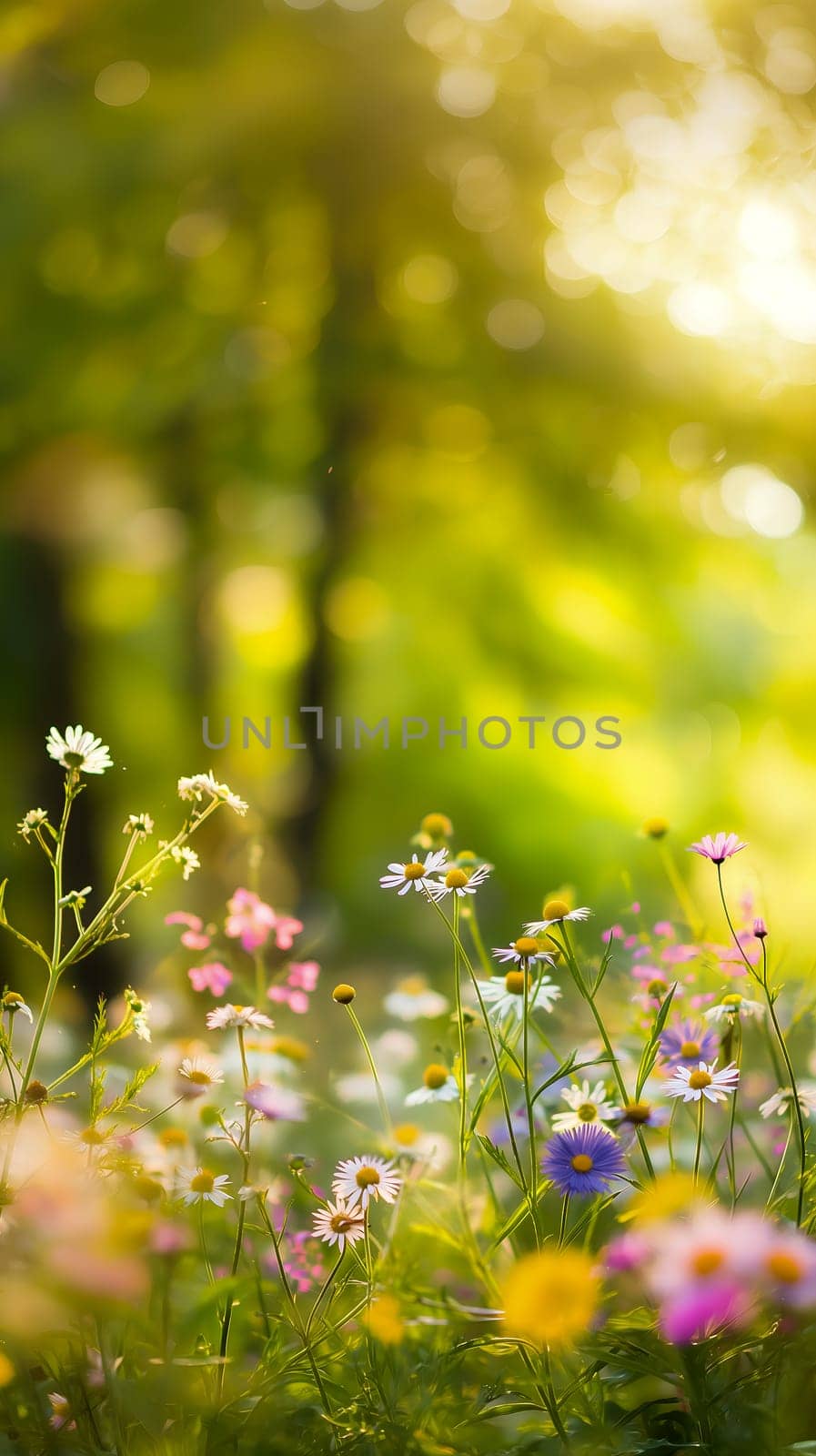 A vibrant array of wildflowers basks in the warm sunlight, showcasing the natural beauty of a spring day in a peaceful meadow.