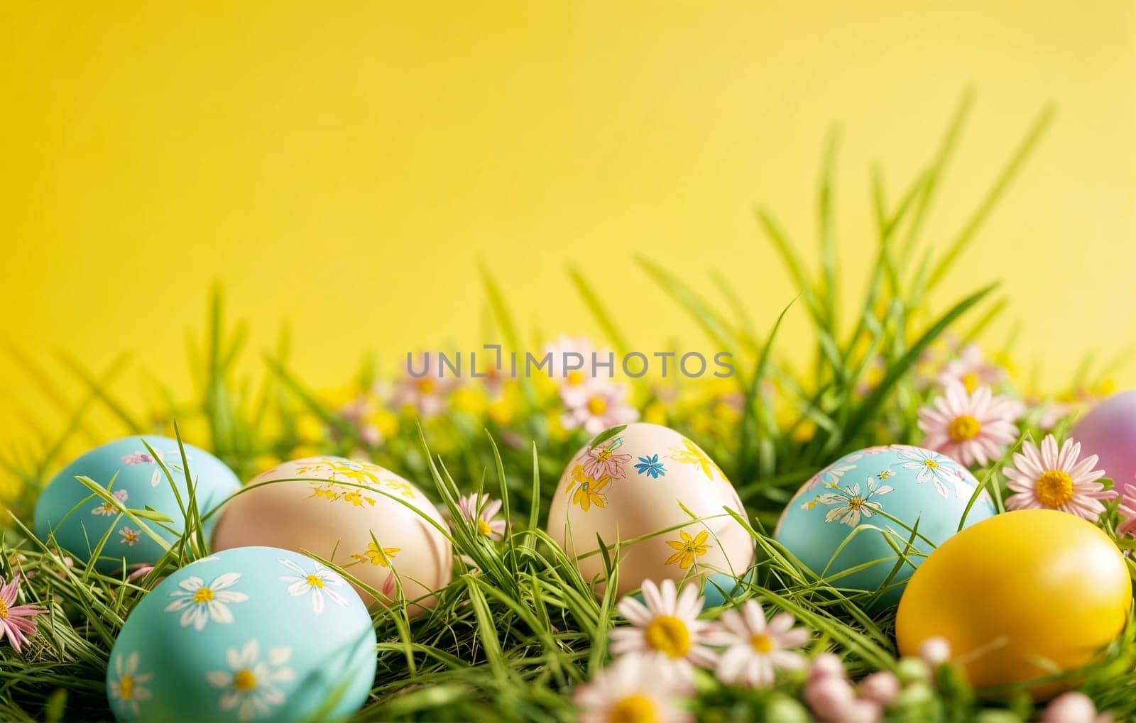 Vibrant Easter Eggs on Spring Meadow against yellow background by chrisroll
