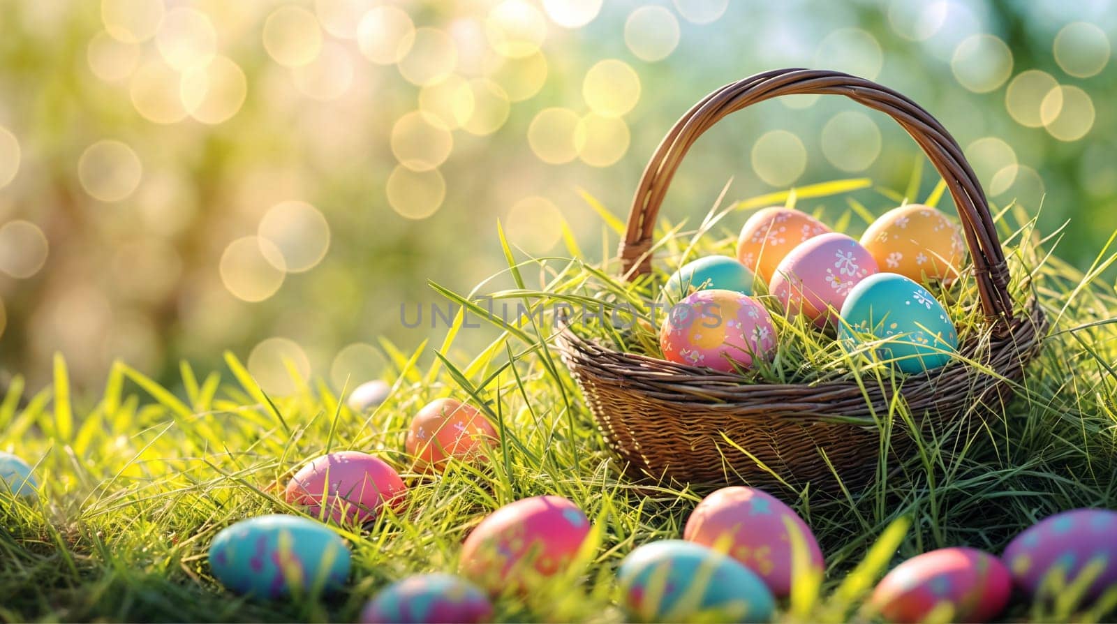 A wicker basket filled with colored Easter eggs sits in the lush green grass, The surrounding area is dotted with more scattered Easter eggs, hinting at a festive egg hunt - Generative AI
