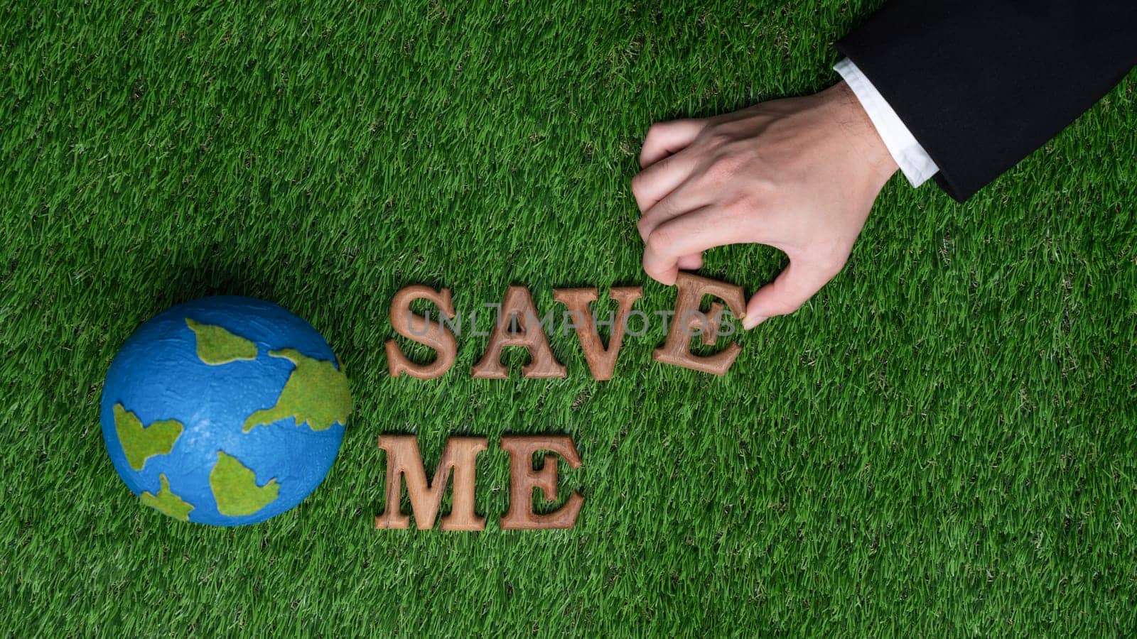 Eco awareness campaign for Earth day concept showcase message arranged in Save Earth on biophilic green background. Environmental social governance concept idea for sustainable and greener future.Gyre