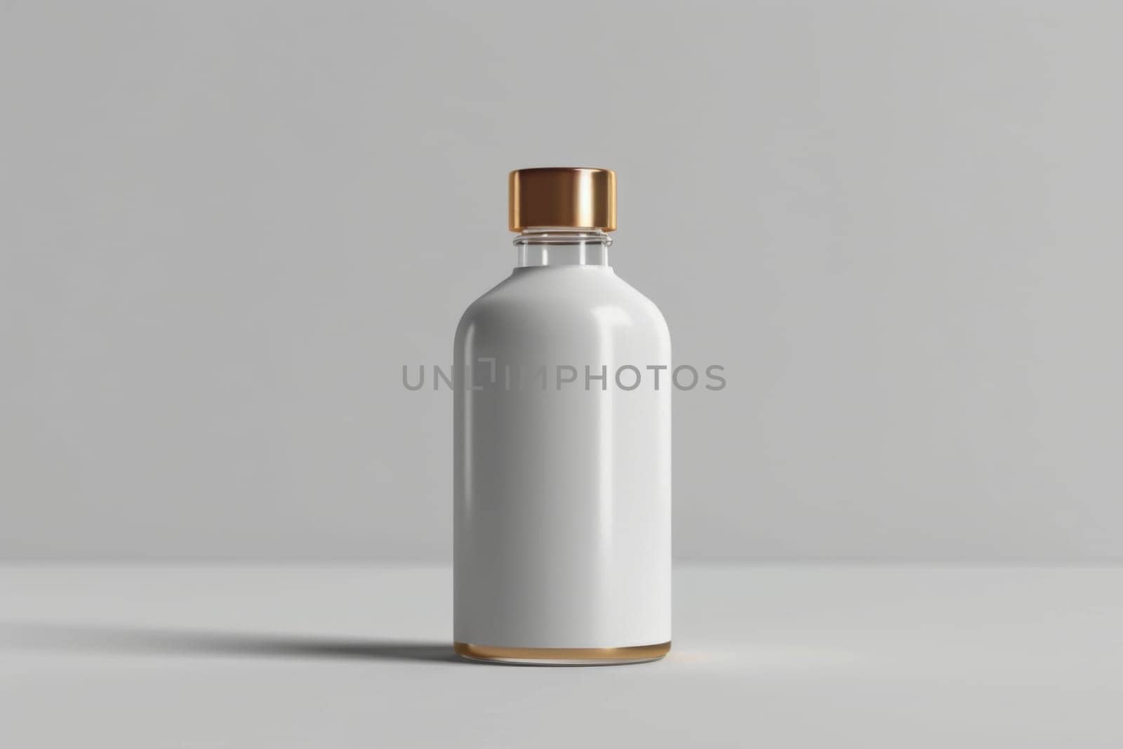A bottle of clear liquid with a gold cap. Generative AI.