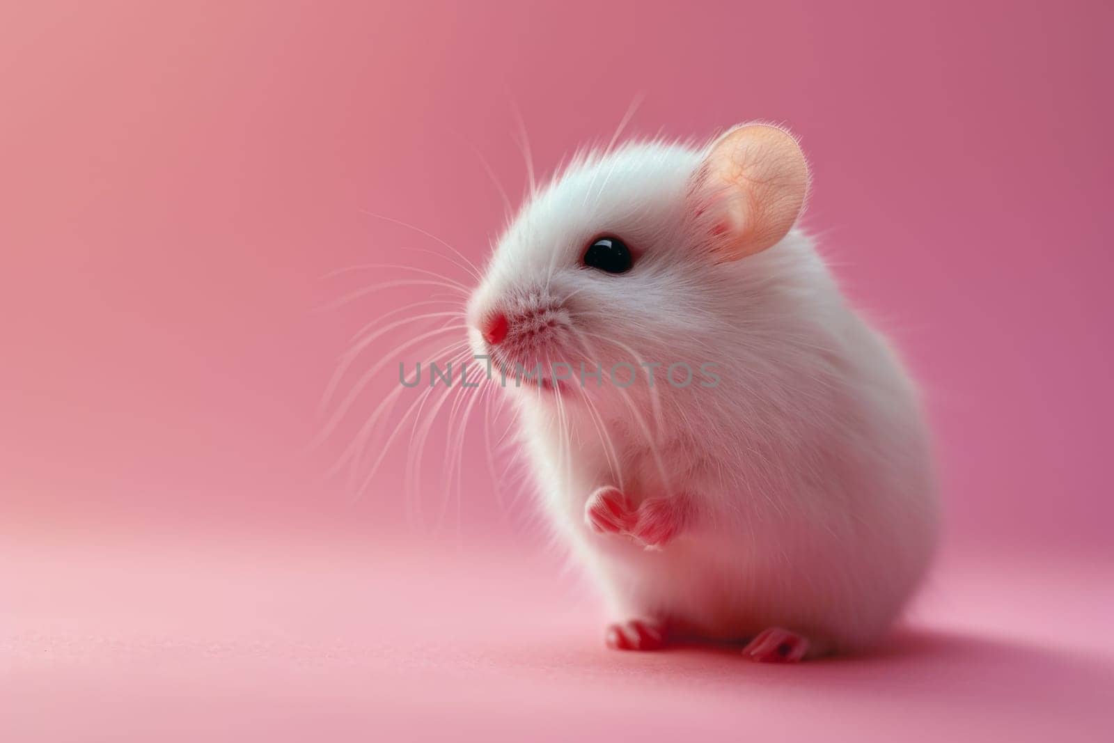 A small white mouse is sitting on a pink background. Generative AI.