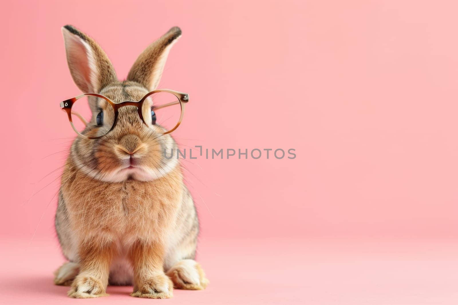 A rabbit wearing glasses is sitting on a pink background. Generative AI by nateemee