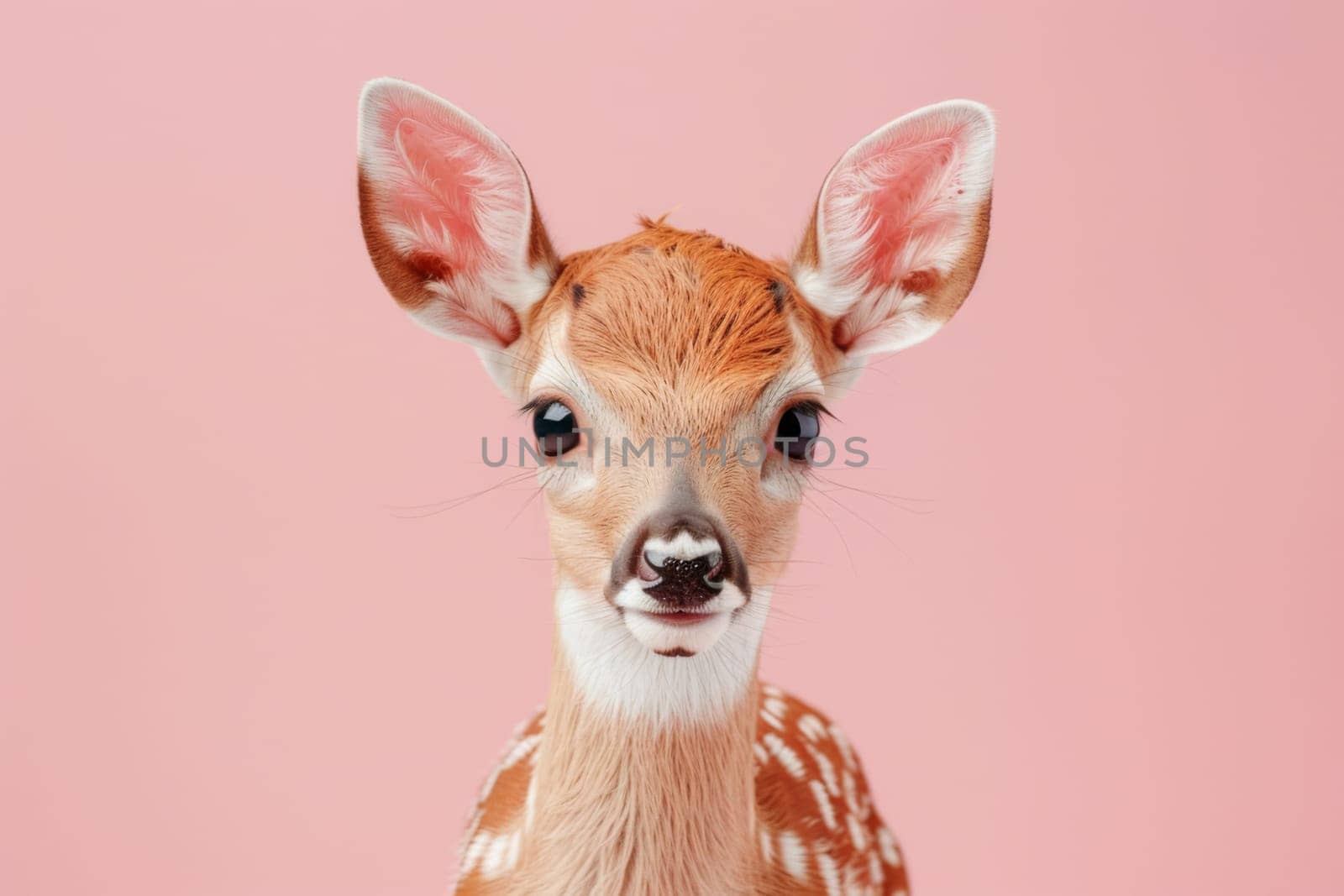 A baby deer with pink ears and a pink background. Generative AI by nateemee
