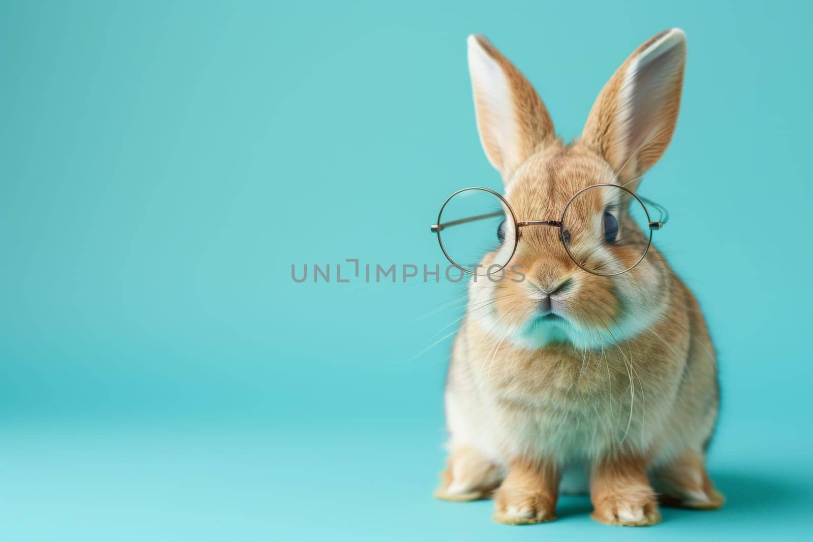 A rabbit wearing glasses is sitting on a blue surface. Generative AI.