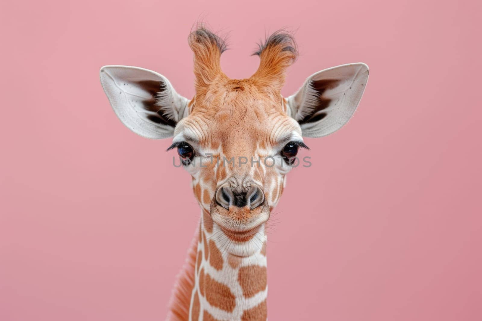A baby giraffe with its head turned to the side and its eyes closed. Generative AI.