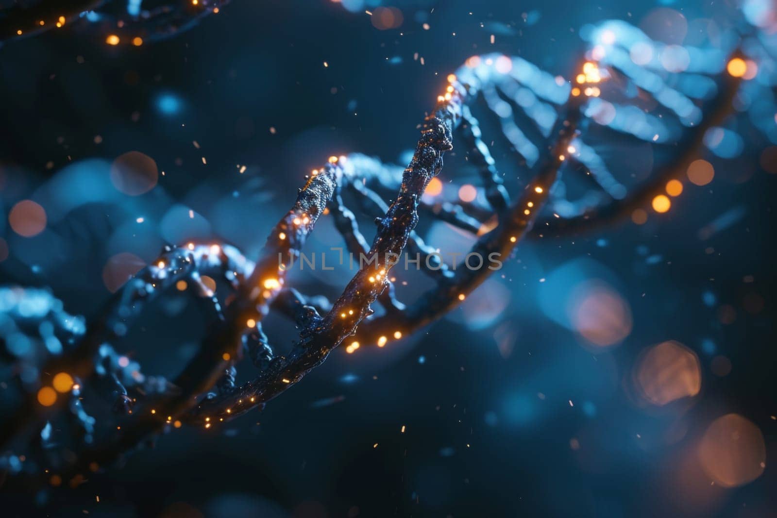 A glowing DNA strand is shown in a blue background. Generative AI.
