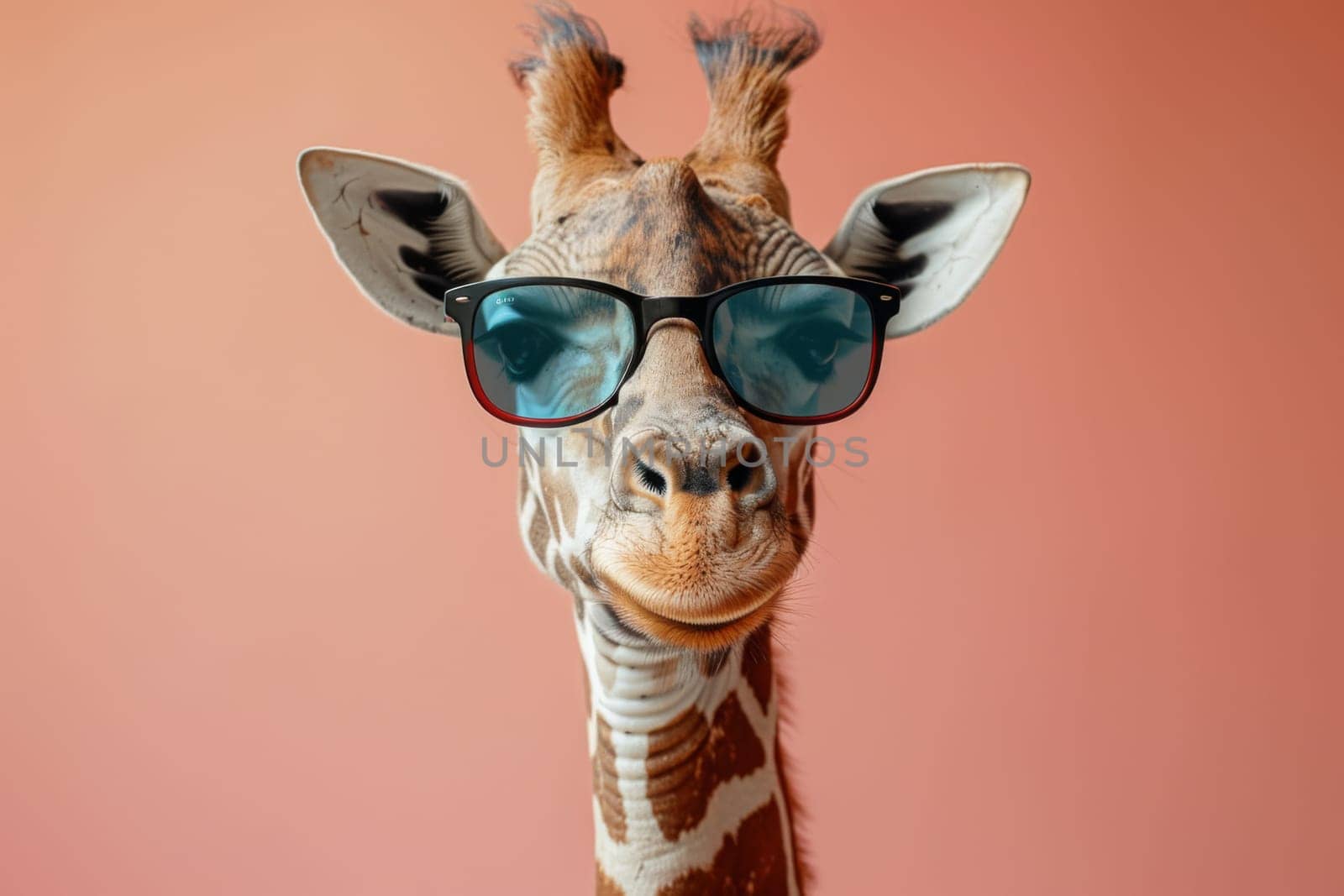 A giraffe wearing sunglasses and smiling. Generative AI by nateemee