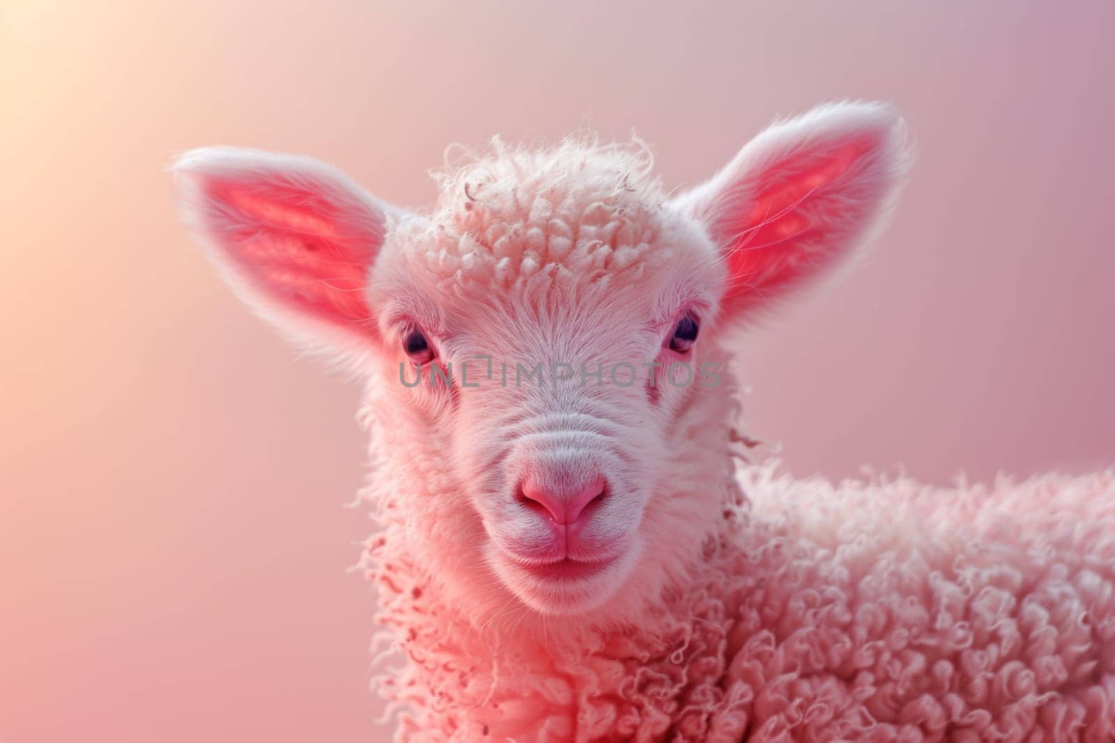 A baby sheep with pink ears and a pink face. Generative AI.