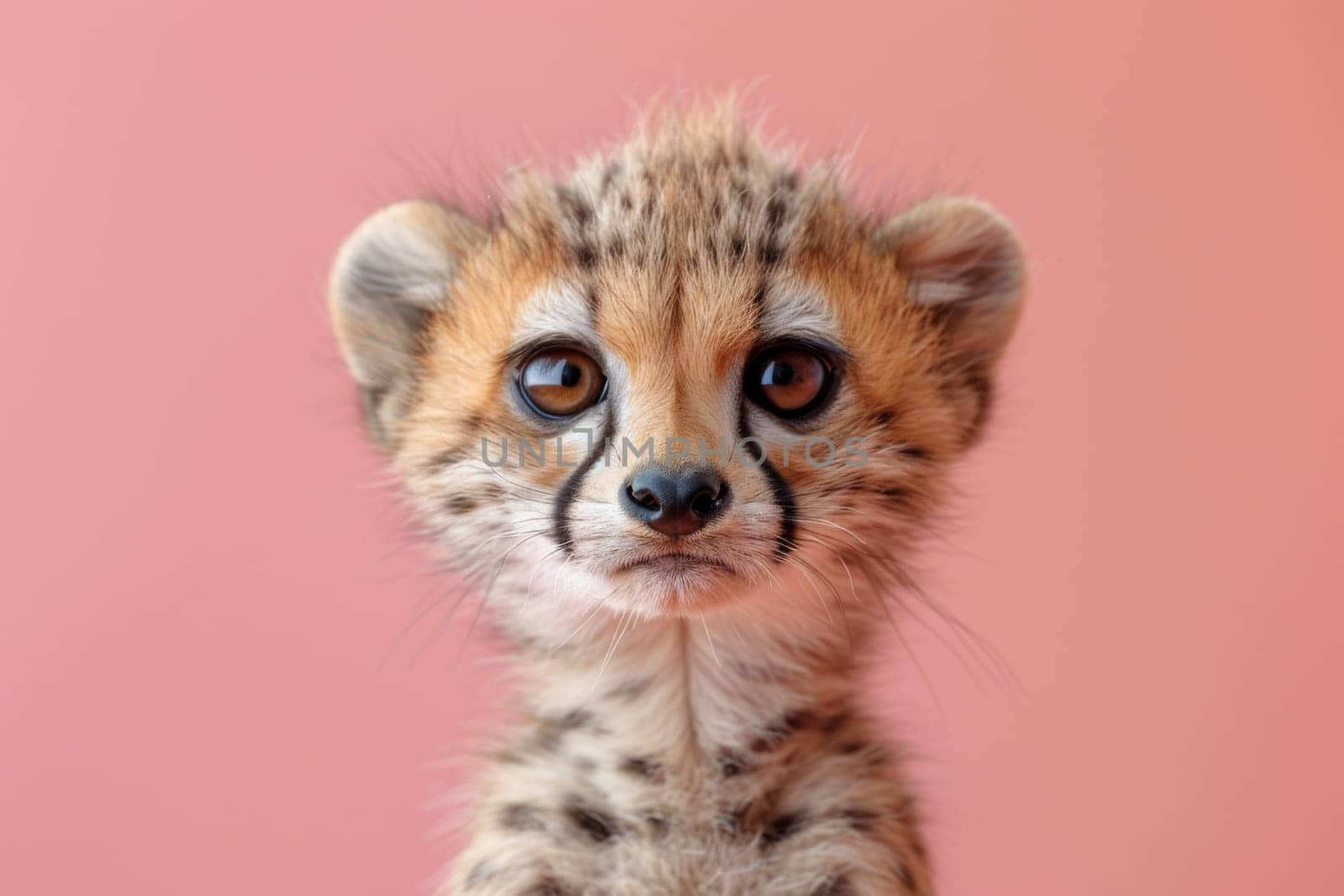 A baby cheetah with a sad expression. Generative AI.