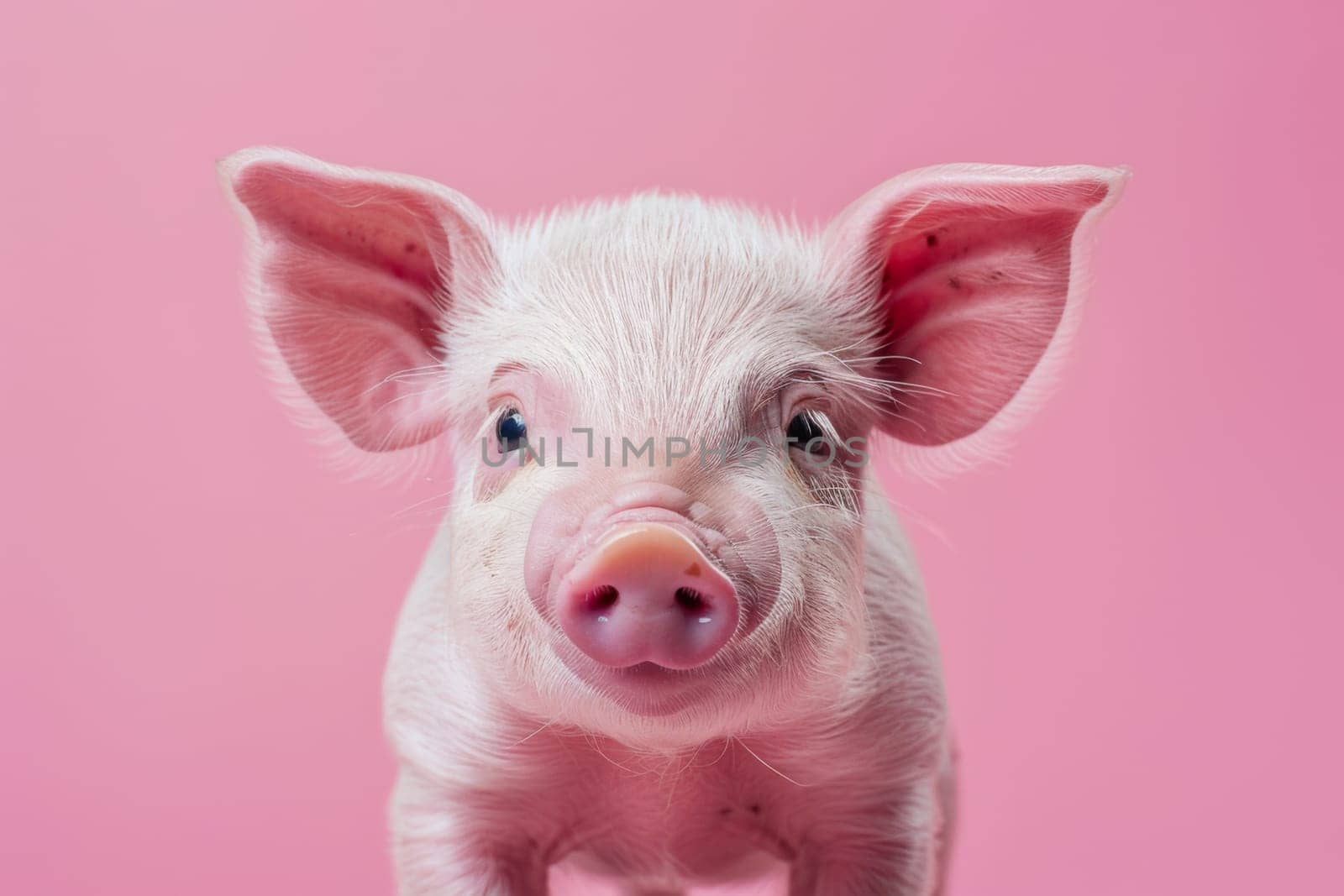 A pig with pink ears and a pink nose is staring at the camera. Generative AI by nateemee
