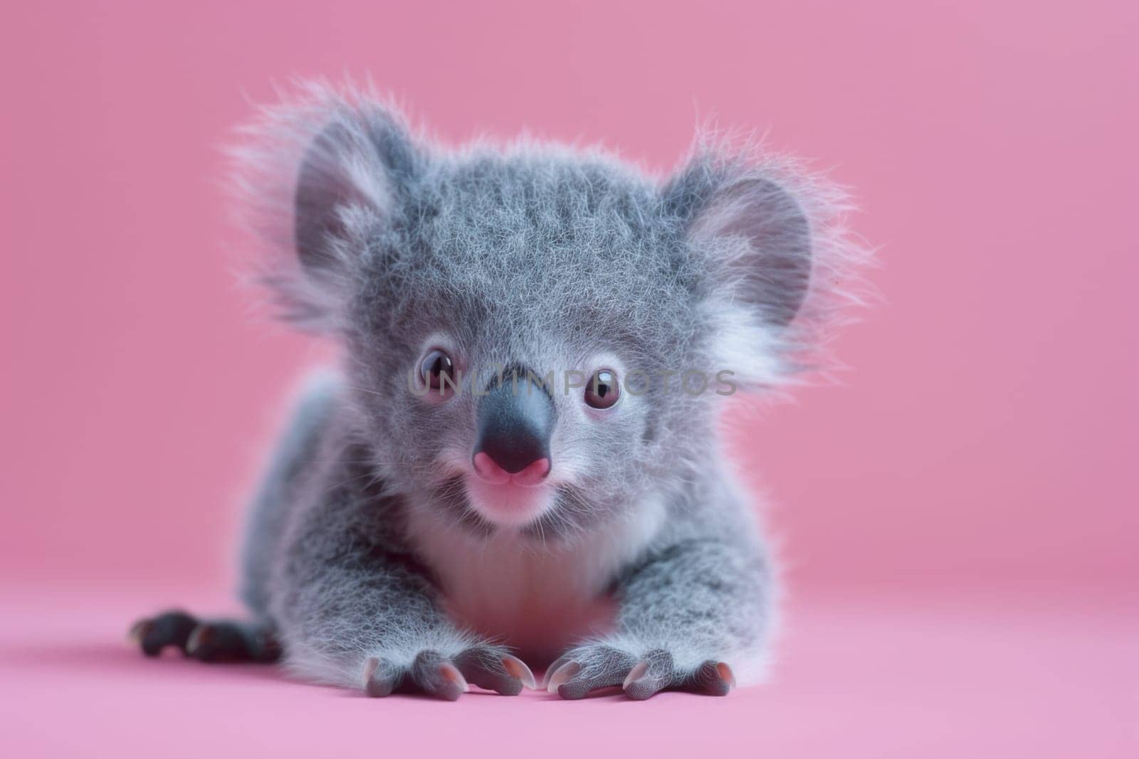 A baby koala is laying on a pink background. Generative AI.