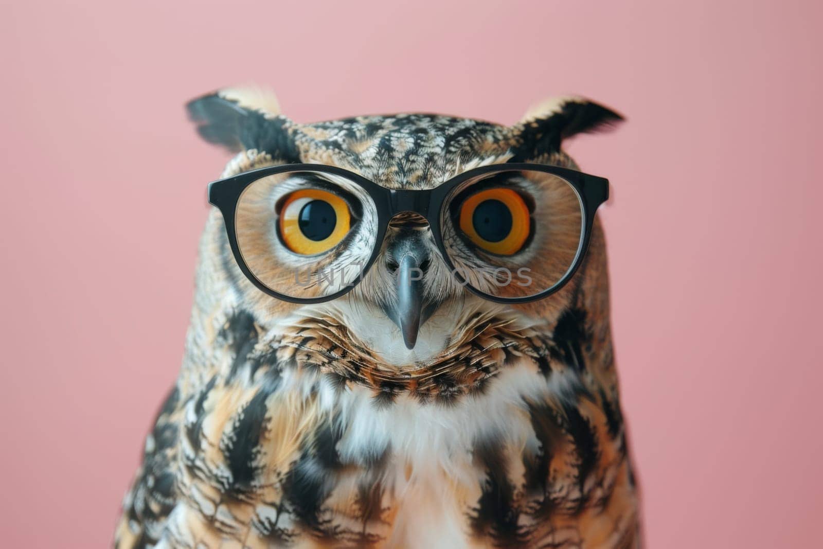 A brown owl with glasses on its face. Generative AI.